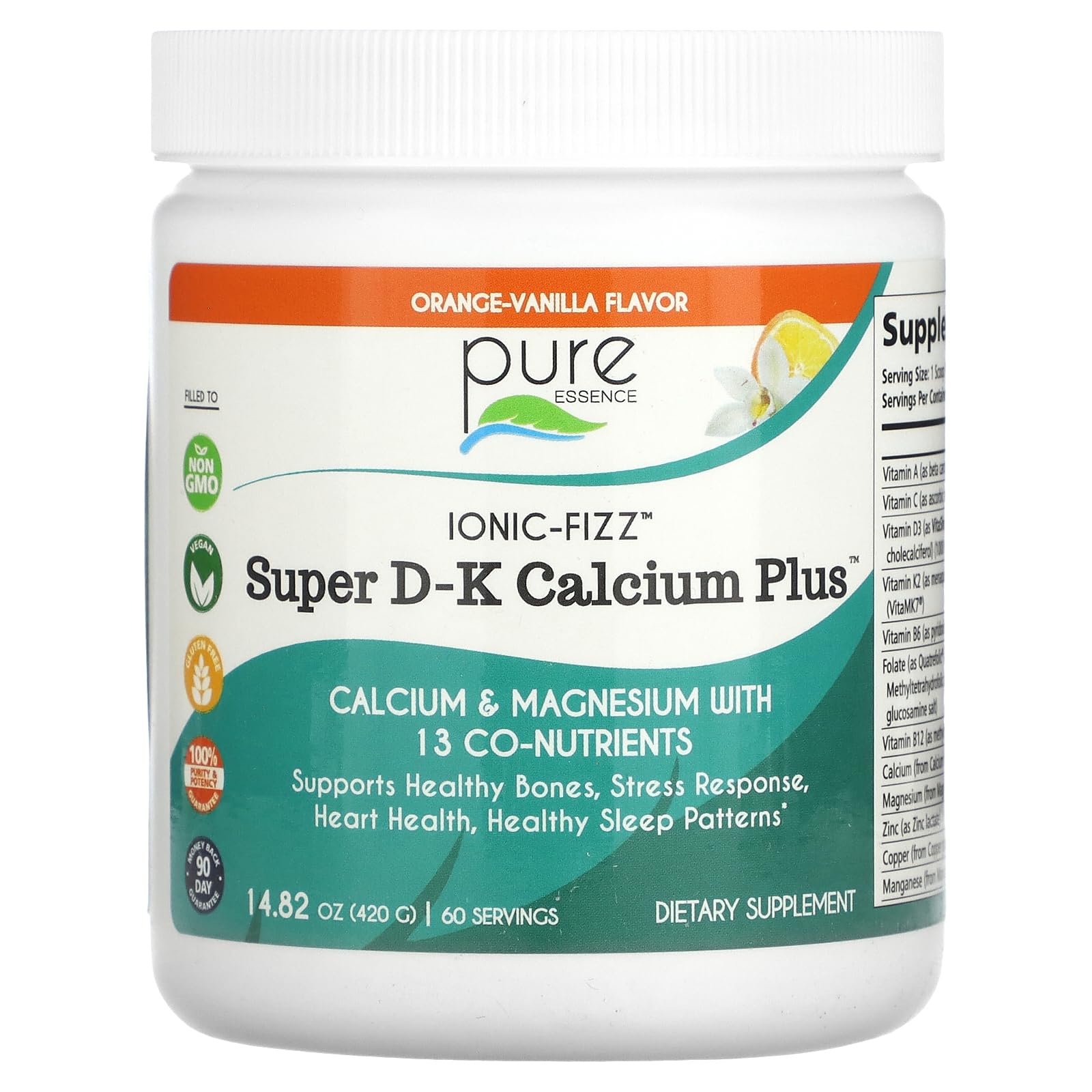 Ionic Fizz Super D-K Calcium Plus by Pure Essence - with Extra Magnesium, Vitamin D3, Vitamin K2 - Orange Vanilla - 14.82oz