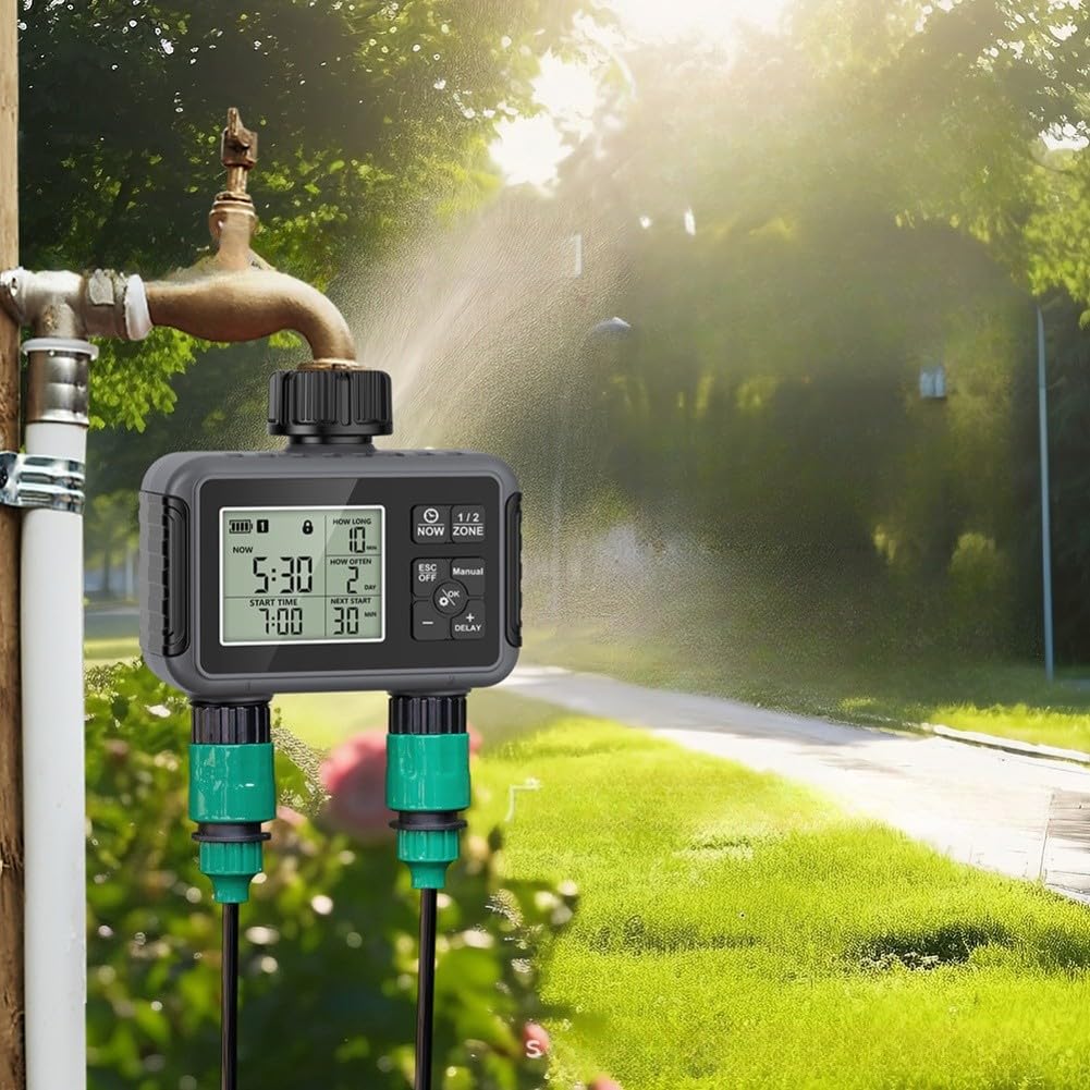 Temporizador de agua programable para grifo de jardín con configuración de entrada y salida de zonas duales independientes y capacidad de anulación manual