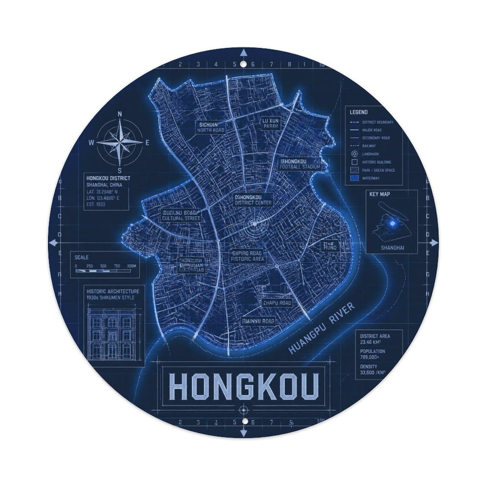 Okngb Style Shanghai Hongkou District Blueprint Route River Grid Metal Tin Sign Plaque Wall Decor For Cafe, Man Cave, Club Bar, Office, Home Garden Round Metal Poster 8X8inch
