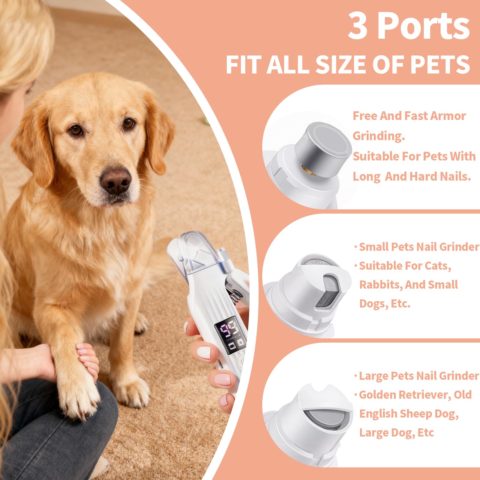 Cortadora de uñas 2 en 1 para perros y amoladora de uñas para perros con 2 luces LED, funcionamiento de bajo ruido, recargable por USB, dispositivo de protección contra salpicaduras, múltiples métodos