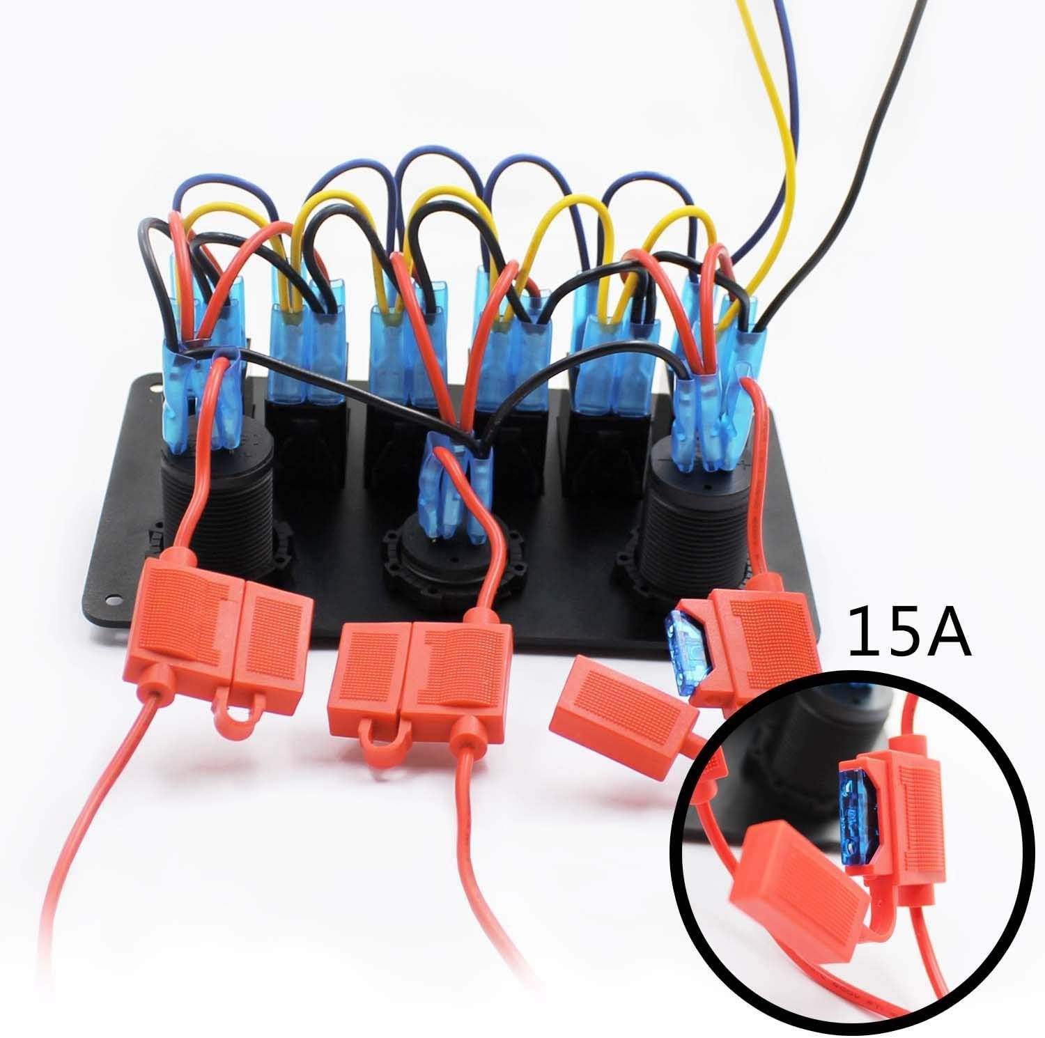 6 Gang Waterproof Rocker Switch Panel with DC 5V 3.1A Dual USB Charger Digital Voltmeter Display DC 12V Power Socket for Car Marine Boat RV Vehicle Truck