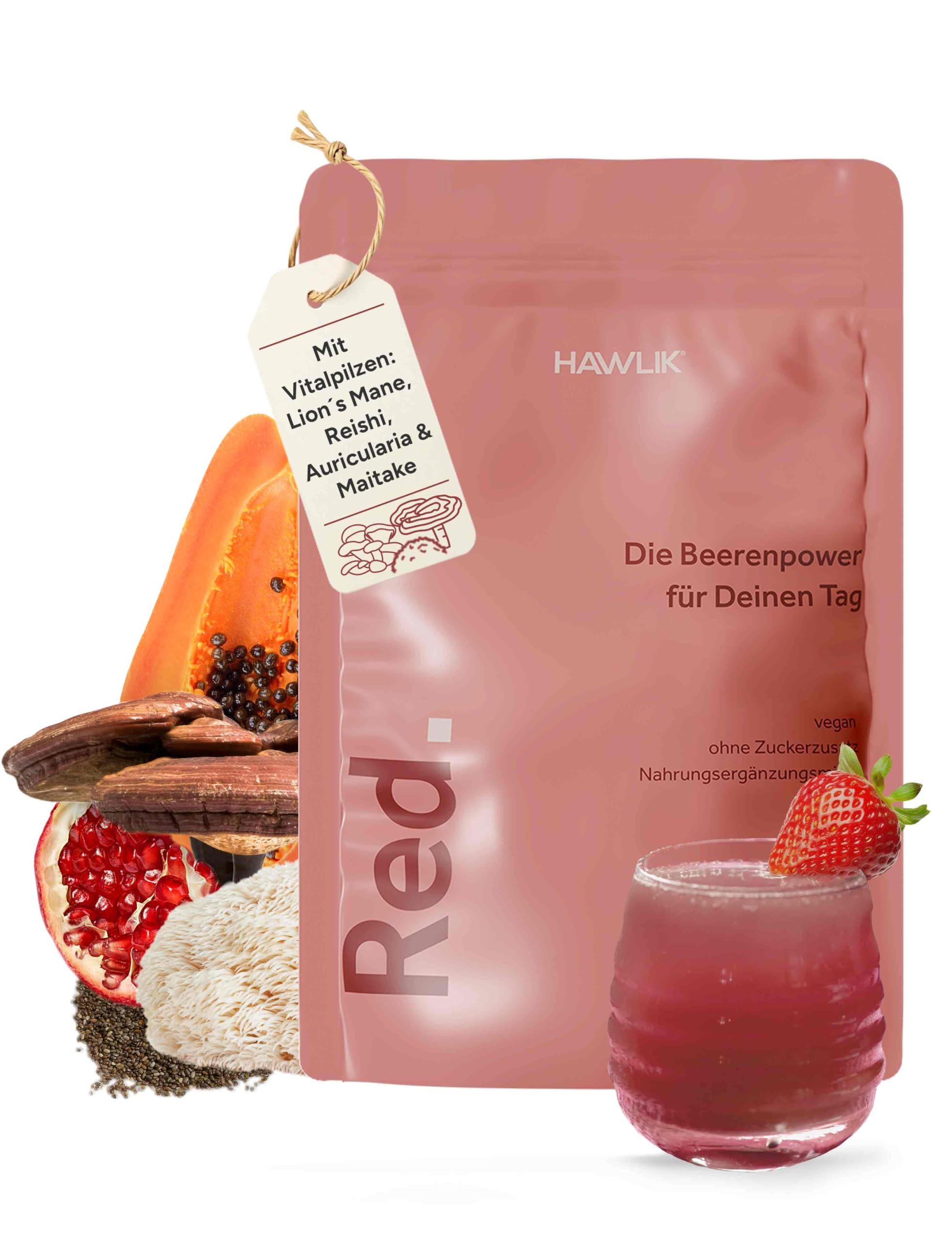HAWLIK Red. – Beerenpower-Drink mit Vitalpilzen & Ballaststoffen – 39 Nährstoffe – vegan, ohne Zuckerzusatz, laktosefrei – 300g Pulver