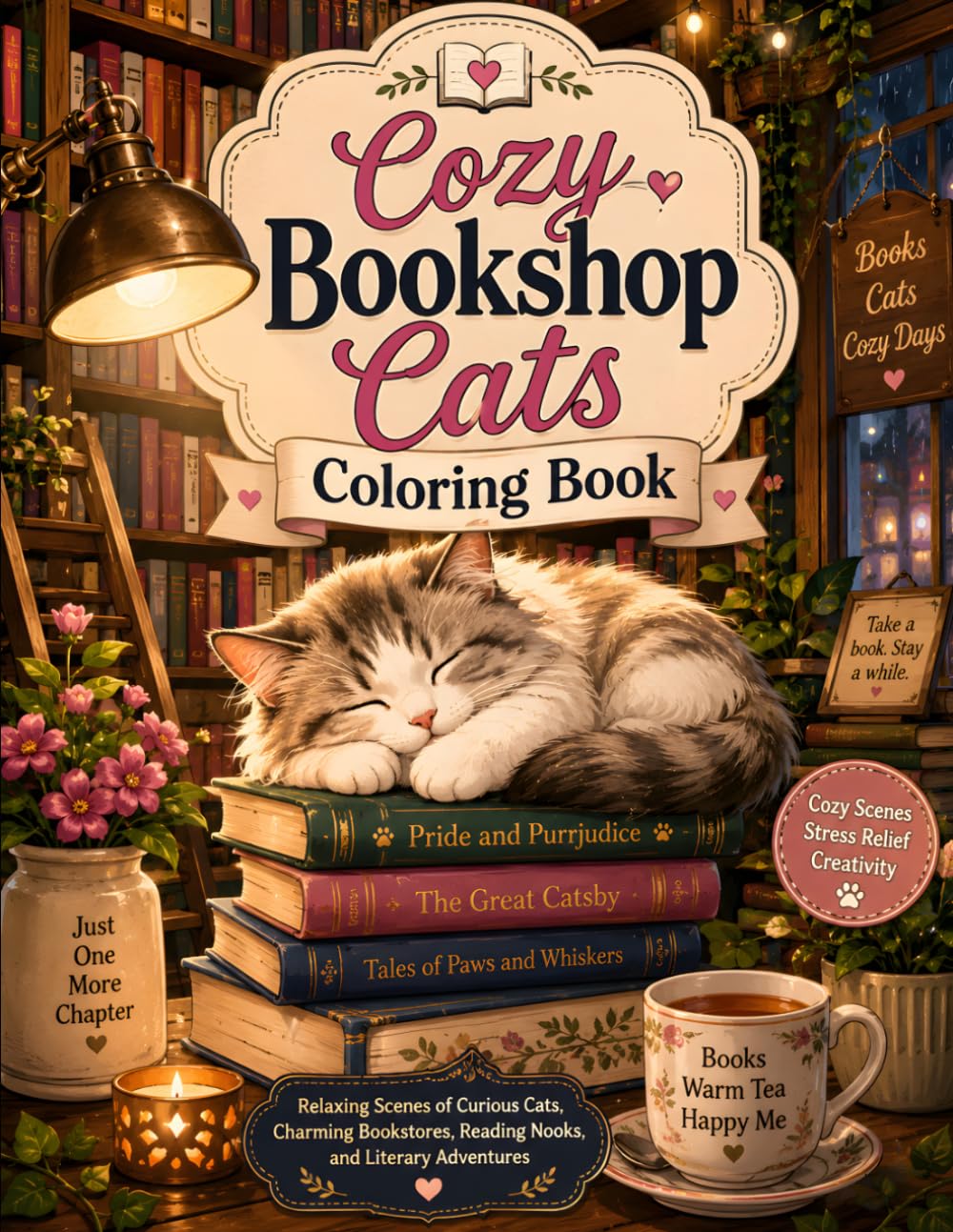 Cozy Bookshop Cats Coloring Book: Relaxing Scenes of Curious Cats, Charming Bookstores, Reading Nooks, and Literary Adventures for Stress Relief and Creative Fun