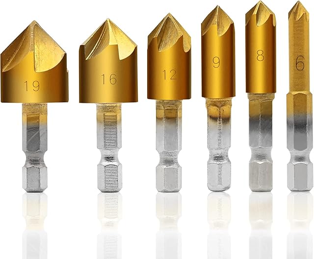 6 PCS Countersink Drill Bits Set, High Speed Steel Counter Sinker Drill Bits 5 Flute 90 Degree Hex Shank Wood Drilling Bit Set Titanium Coated Center Punch Tool Quick Change Bit 6 mm-19 mm