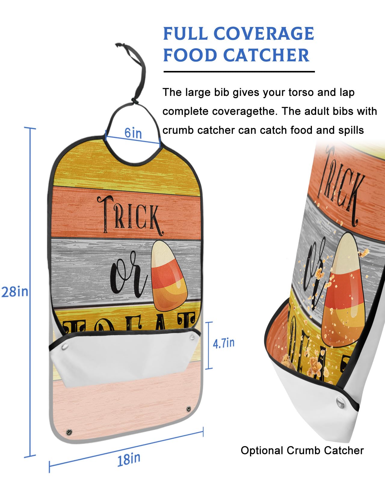 Halloween Adult Bibs for Eating, Waterproof Bibs with Food Catcher & Adjustable Snap Closure, Orange Yellow Grey Wooden Striped Trick or Treat Clothing Protectors Adult Bibs for Elderly Women/Men