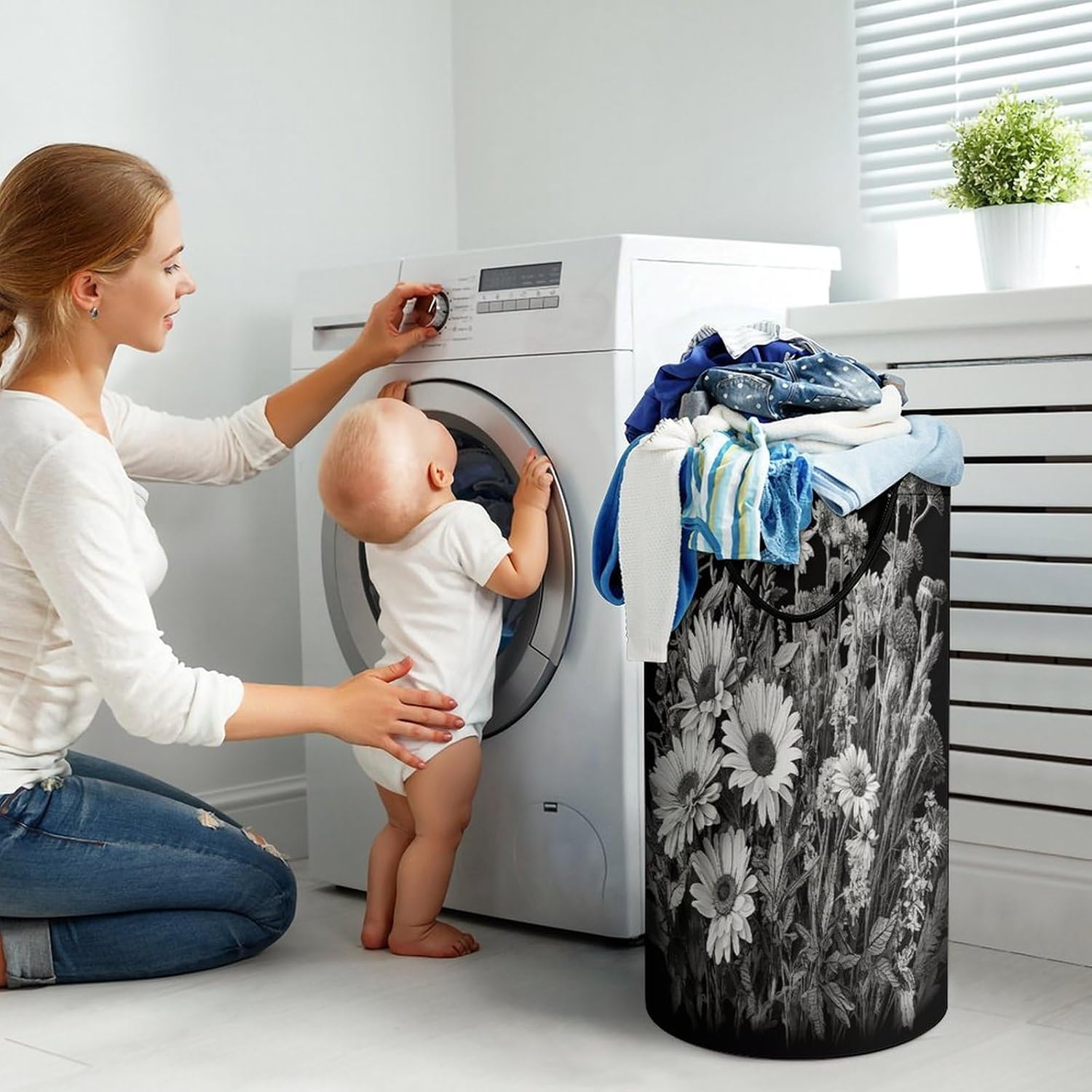 Black And White Flowers Laundry Hamper 86L Waterproof Collapsible Clothes Basket with Double Handles Freestanding Foldable Laundry Basket Large Clothes Hamper for Bathroom