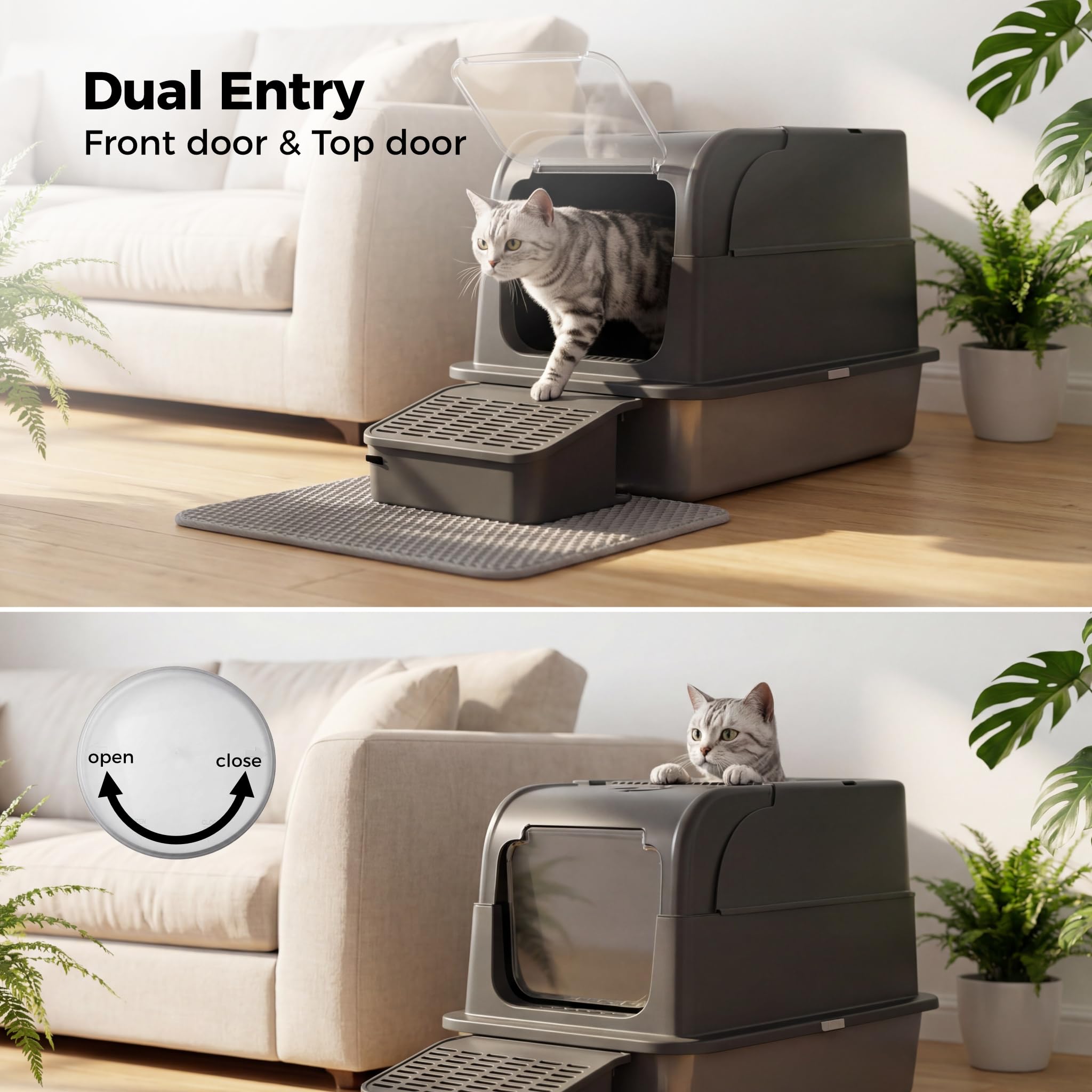 Caja de Arena para Gatos de Acero Inoxidable con Tapa | Bandeja de Arena Cerrada XXL | Sin Olor | Antiadherente | Entrada Frontal y Superior de Doble Puerta | Paso de Pedal de Filtro | Cuchara |