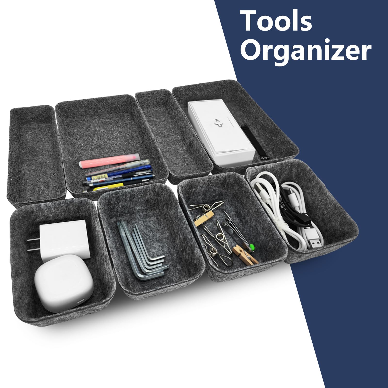 Organizer Per Cassetti In Feltro | Set Di 8 Divisori | Per Scrivania, Cosmetici E Ufficio | Grigio Chiaro - Foto 10