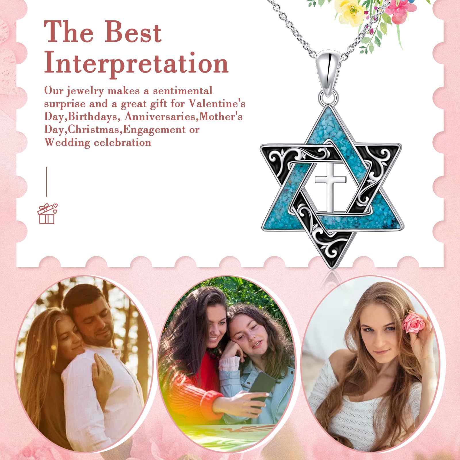 DAOCHONG Collana con stella di David in argento 925 con turchese, gioiello da donna
