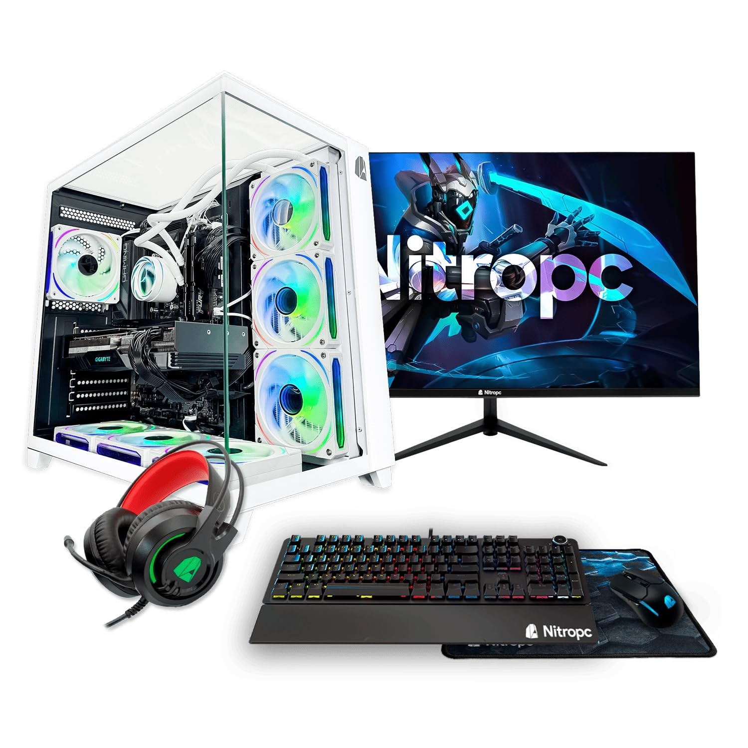 NitroPC - Gold v2 Pack | Full Gaming PC (AMD Ryzen 5 8400F 4.2/4.7GHz, RTX 4060 8GB, RAM 36GB, M.2 1TB, Windows 11 | WiFi, 24" Monitor, Keyboard, Mouse, Headphones) Desktop PC (White)