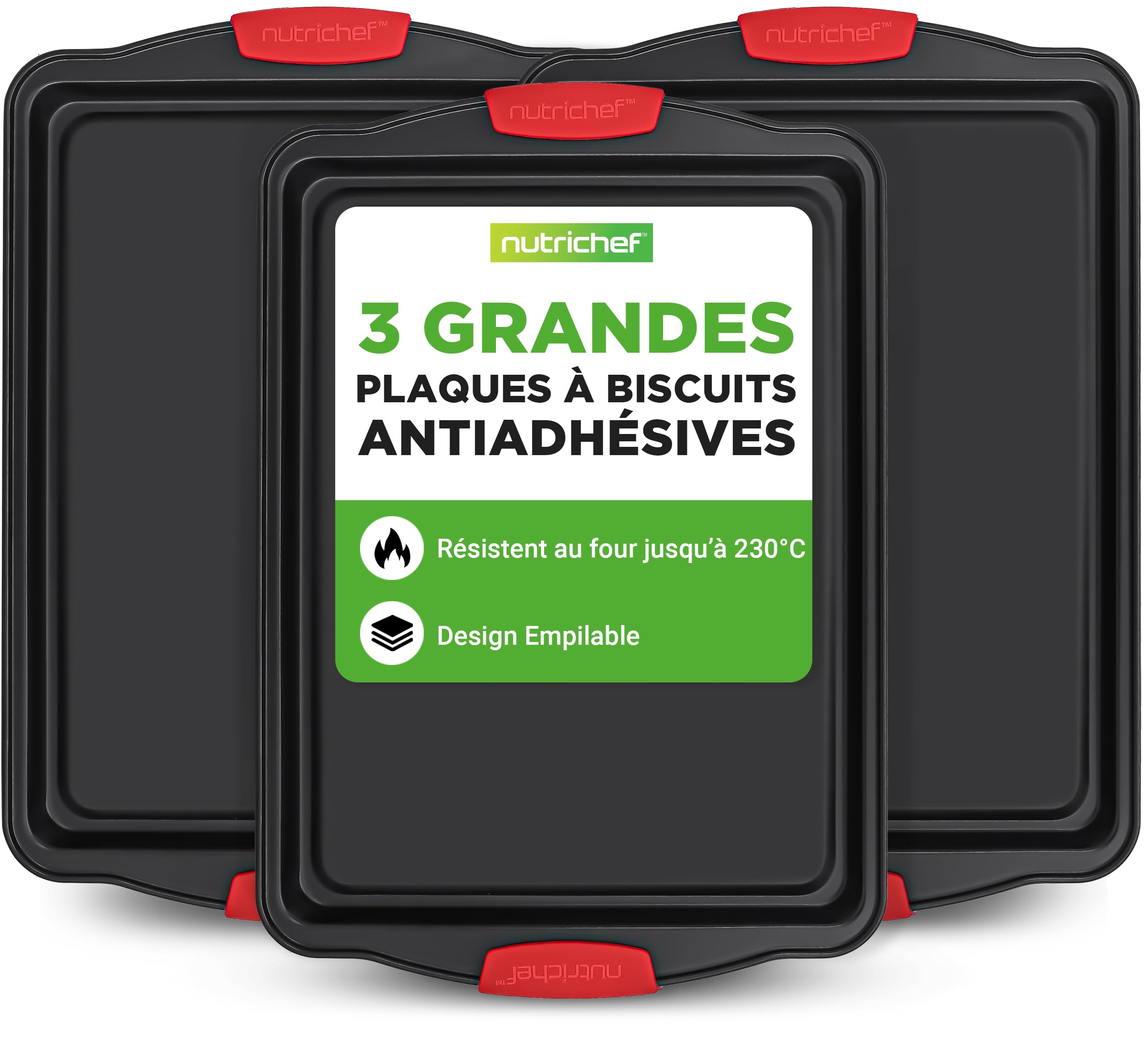 NutriChef Lot de 3 Grandes Plaques à Cookies – Antiadhésives, Empilables, Anses Silicone, 230 °C, Distribution Thermique Uniforme, Noir