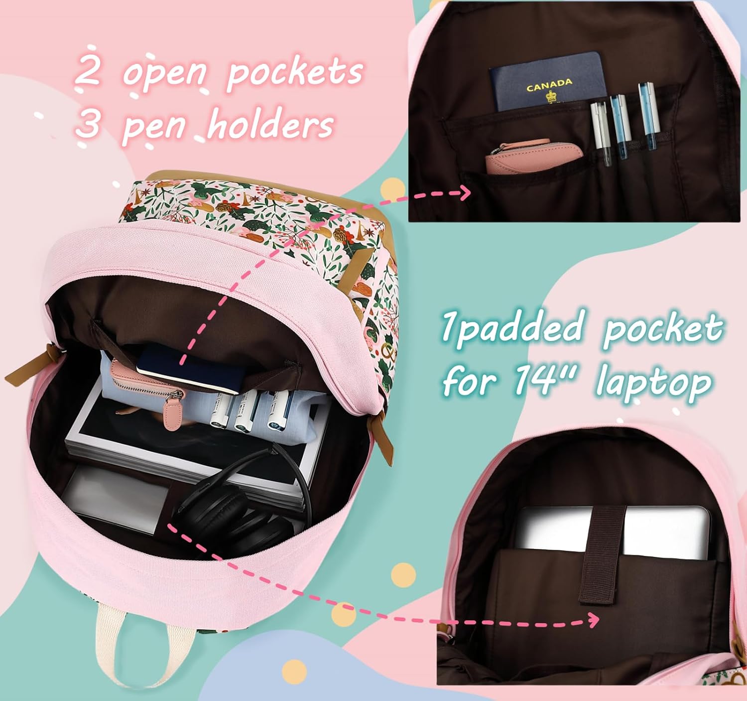 Leaper School Cute Backpack for Girls: Canvas Kawaii Bookbags for Girl 10-12 Years Old - Laptop Travel Backpacks for Teens Mermaid Purple - Image 3