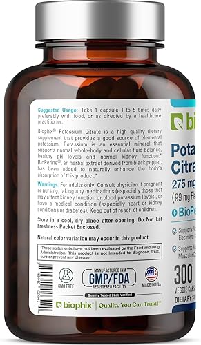 Miniatura 3 de biophix Citrato de potasio 275 mg con BioPerine 300 cápsulas vegetarianas - Apoya el equilibrio electrolítico, nervios, función muscular y salud