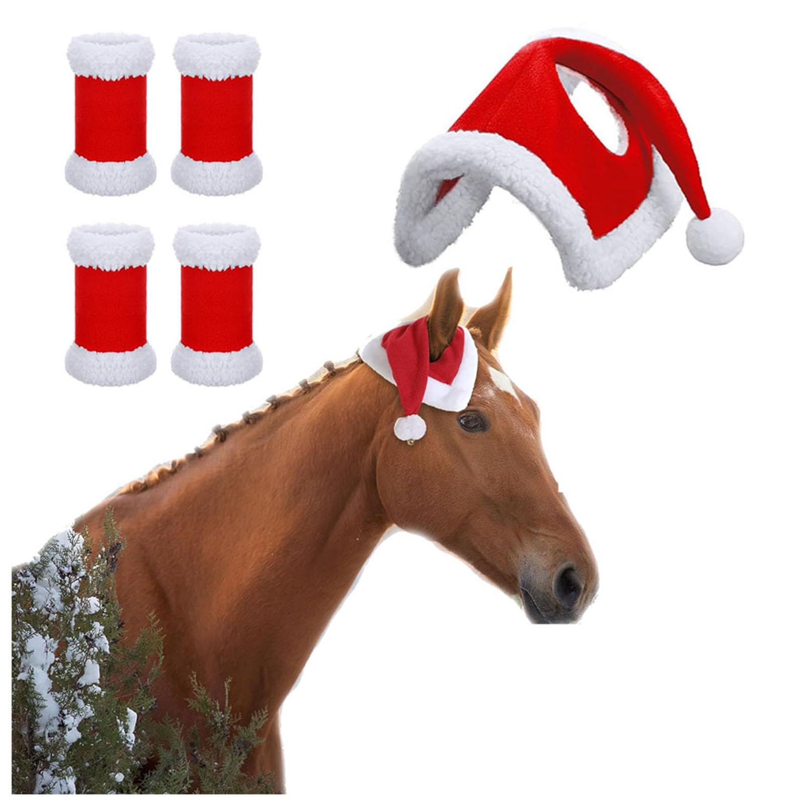 Christmas Costume for Horses to Wear, Santa Hat for Horse Christmas Horse Ornaments Pet Costumes Santa Horse Hat Winter Xmas Holiday Party Accessories (C-hat+leg wraps)
