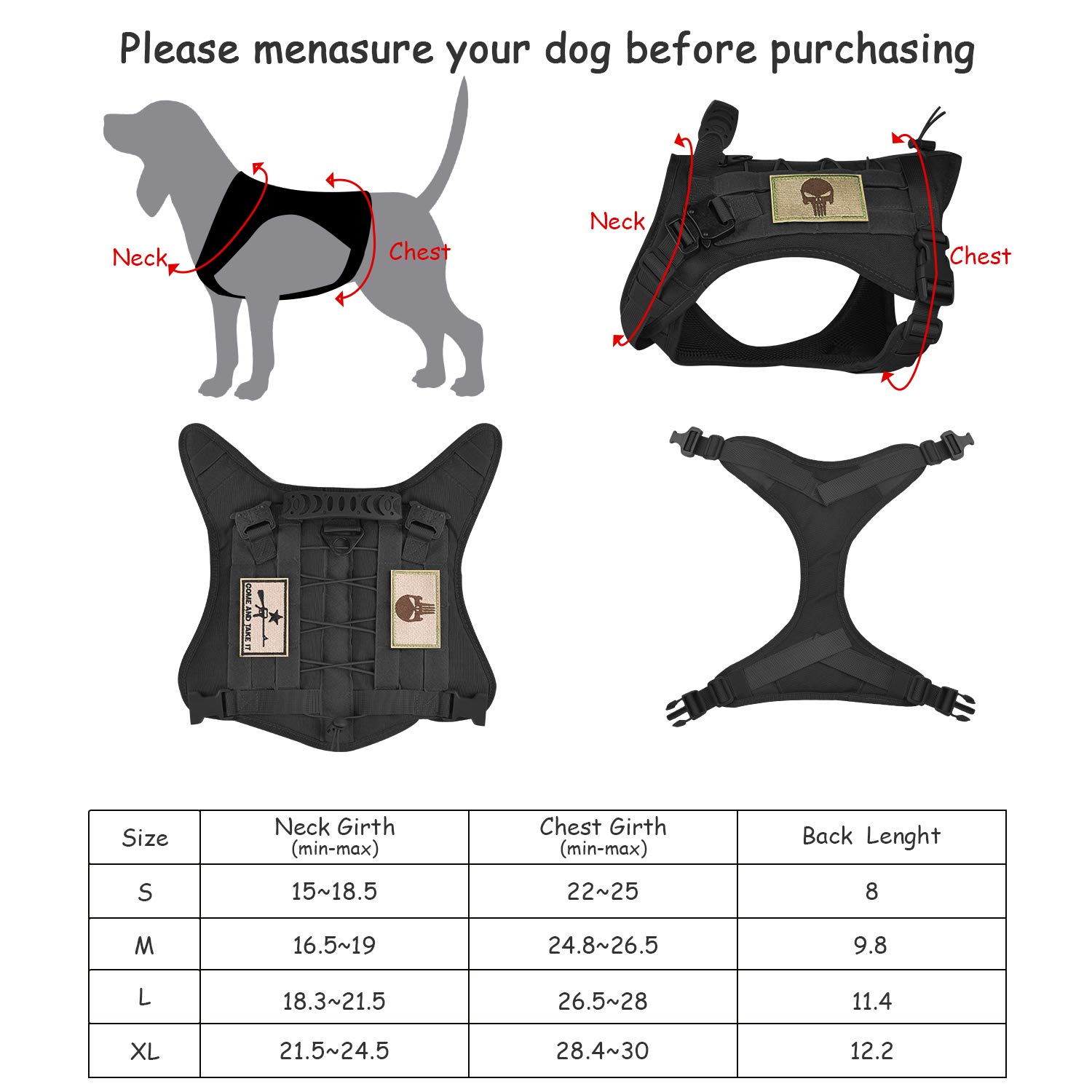 Tactical Service Hundegeschirr K9 Militär-Molle-Hundeweste für Outdoor-Training, Jagd, verschleißfest,63.5 cm) cm), Schwarz )