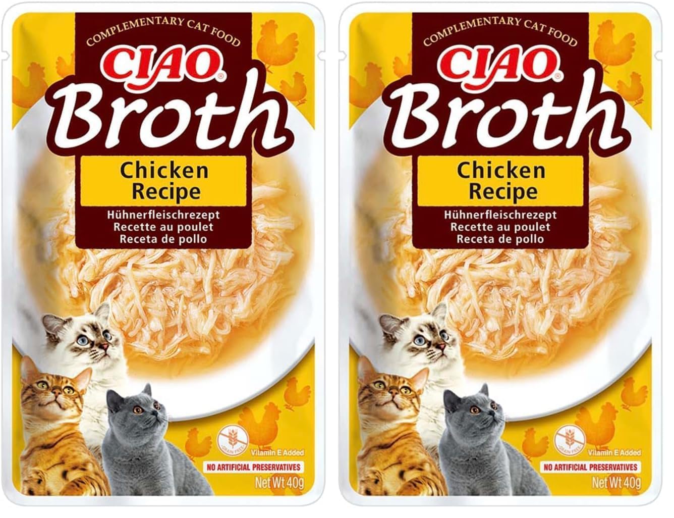 INABA Ciao Broth Katzenfutter Nass 88% Feuchtigkeit und Vitamin E, Premium Katzensuppe mit Huhn 40 g (2er Pack), 100% natürliches Fleisch, Getreidefrei, Zuckerfrei