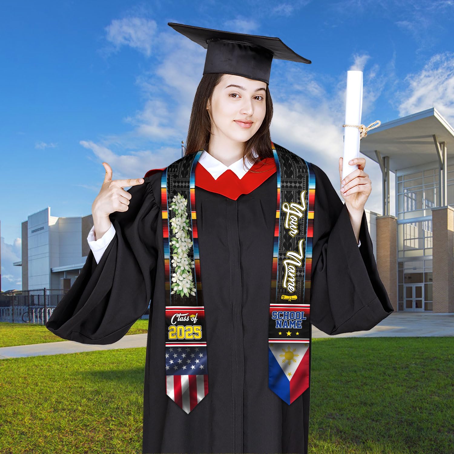 MonkeyVan Custom Philippines Flag Graduation Sash 2025, Filipino Graduation Sash Filipinos American Flag Graduation Stole 2025 Plp 5
