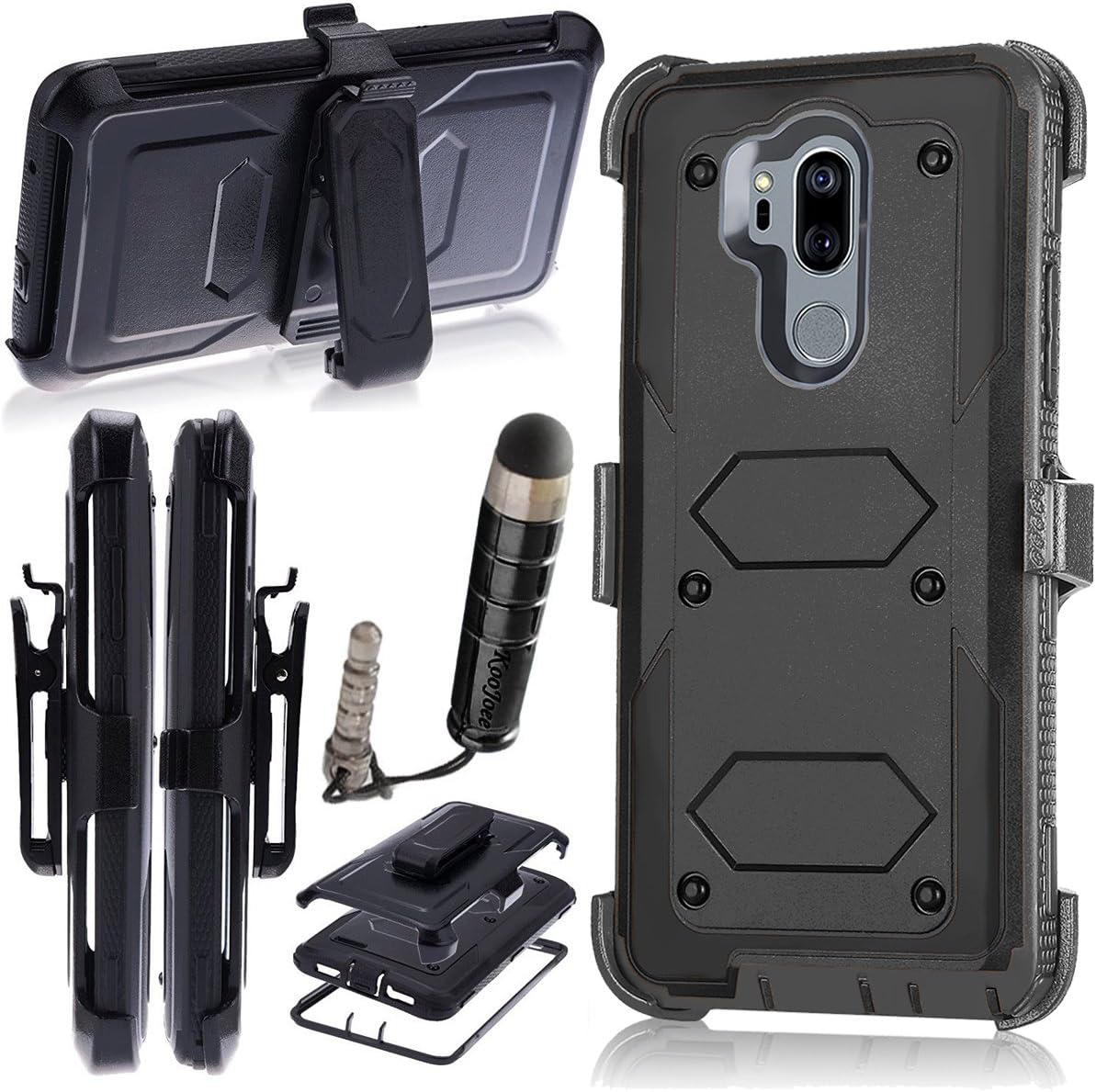 KooJoee Black Armor Defender Case Compatible with LG G7, Heavy Duty Shockproof Holster [Kickstand][Belt Swivel Clip] Full-Body Rugged Protection Carrying Case with Free Touch Stylus for LG G7 ThinQ