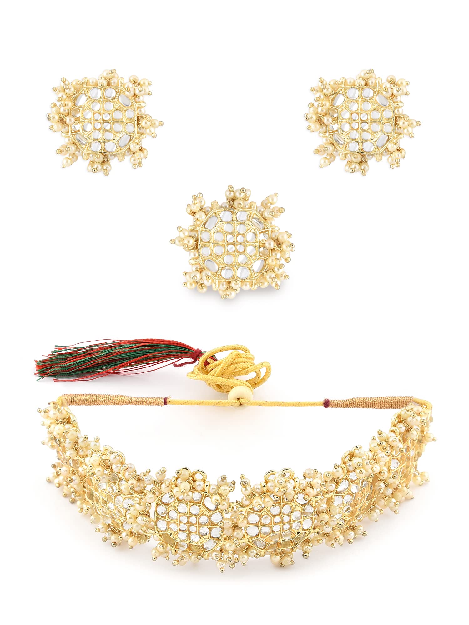 ZAVERI PEARLS Gold Tone Cluster Pearl Bordered Kundan Choker Necklace Earring & Ring Set For Women-ZPFK12114 (B09RG8QFBZ) Amazon Price History, Amazon Price Tracker