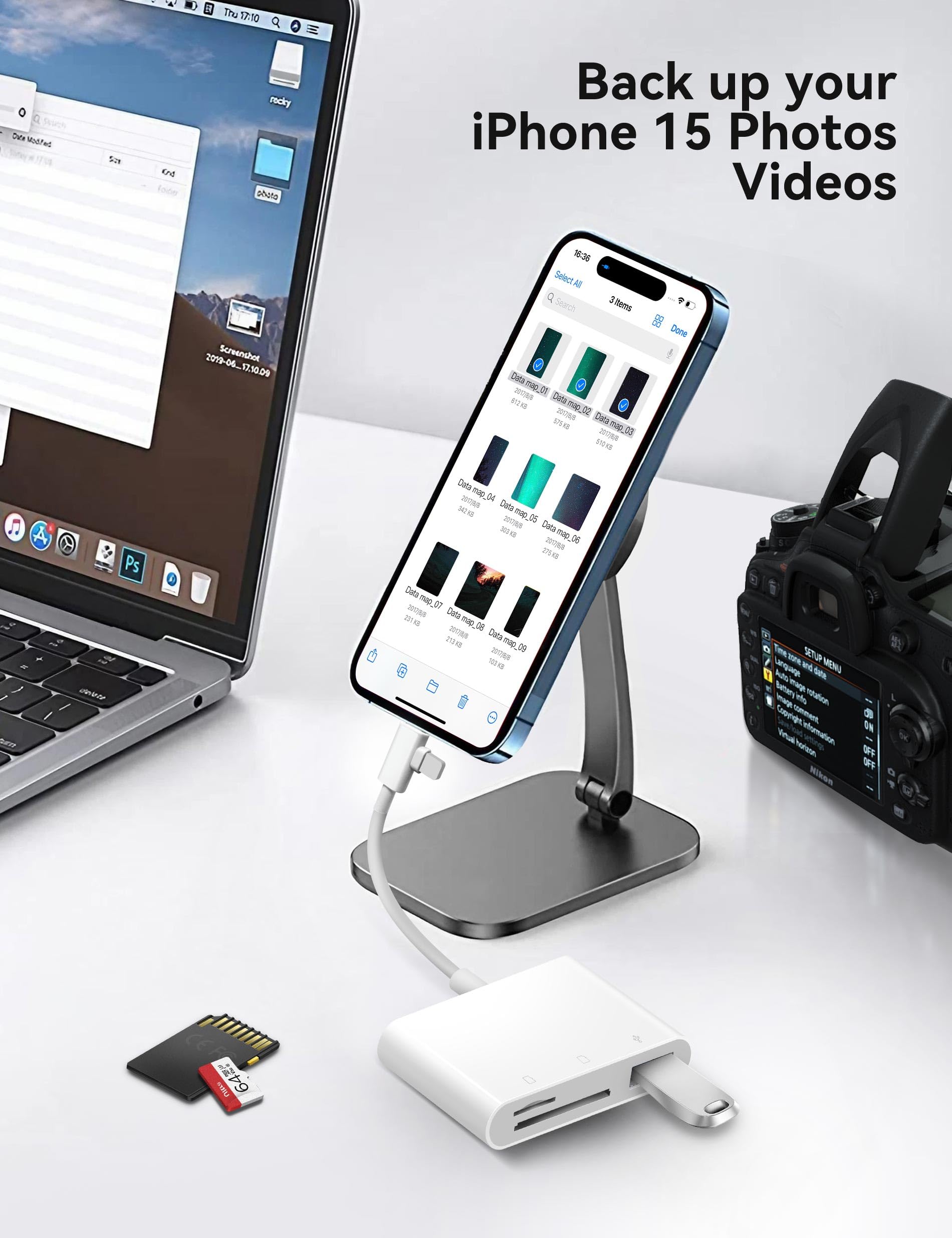 SD Card Reader for iPhone, SD Card Adapter with Lightening & USB C Dual Connectors Plug&Play Supports microSD, SD and USB-A OTG, Portable Trail Camera Memory Reader for iPhone Mac MacBook iPad