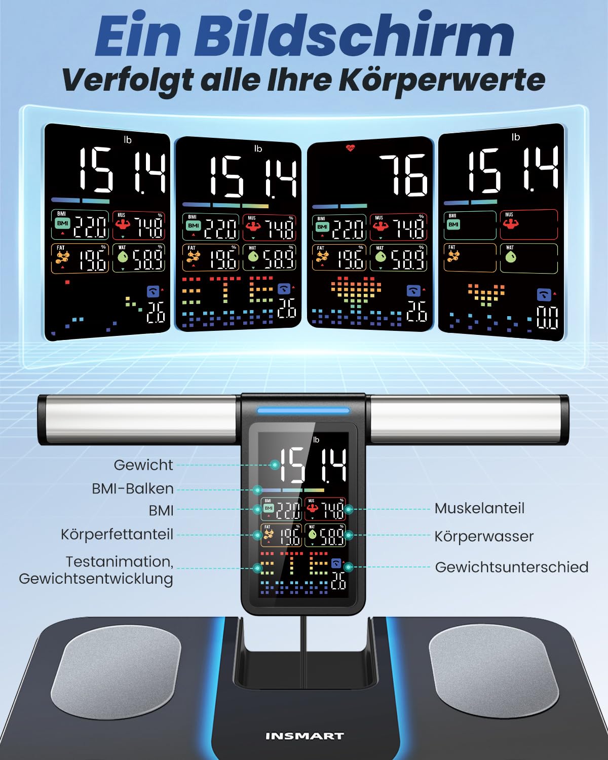 INSMART Körperfettwaage, 8 Elektroden Digital Personenwaage misst 56 Körperparameter Darunter BMI, Körperfett und Muskelmasse, VA-Farbdisplay und einziehbarem Griff, Maximale Tragfähigkeit 227 kg