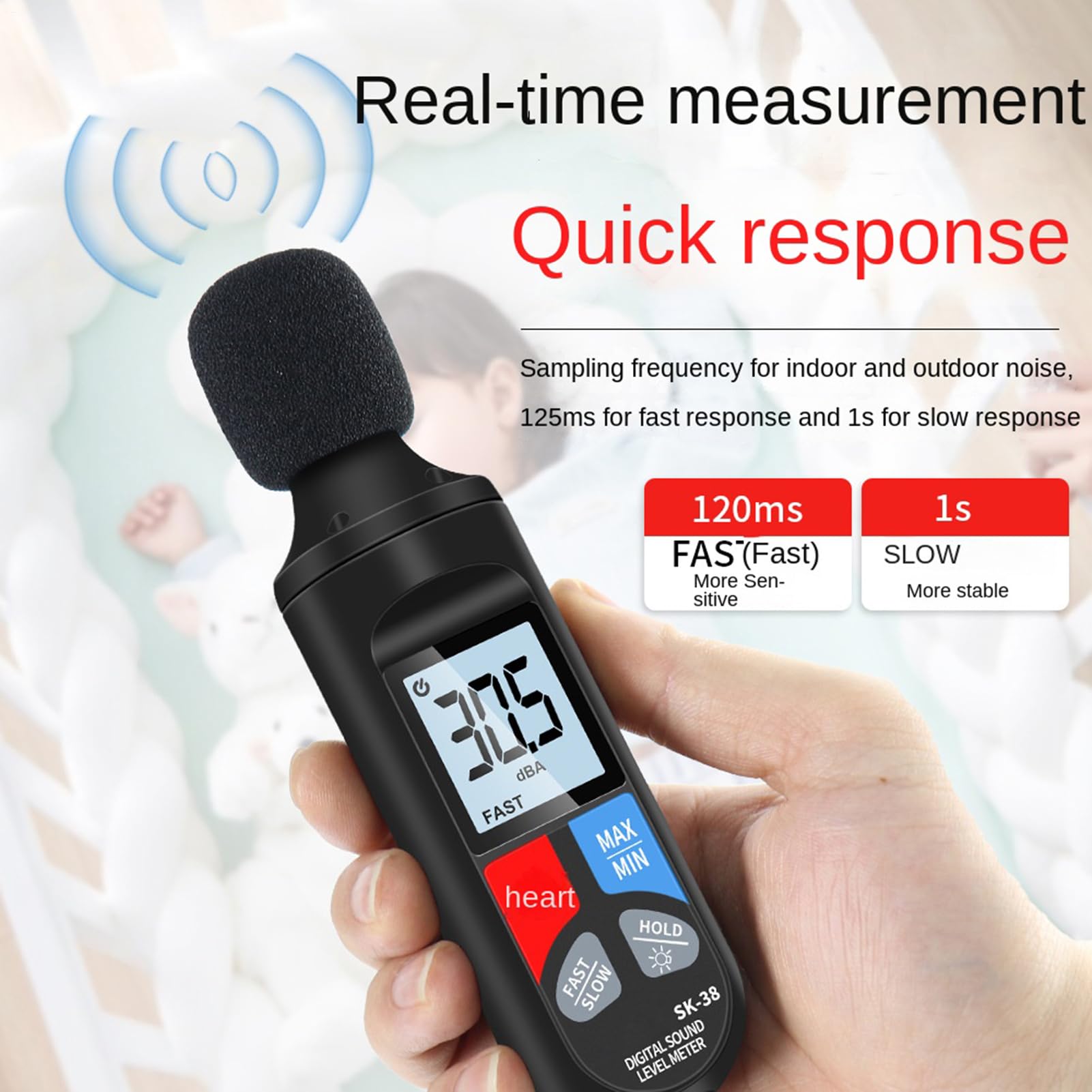 Medidor de decibelios | Sensor de 30-130dB Dispositivo de medición para sonido, probador de nivel de ruido - para aulas, vecinos, coche, hogar, autopista, fábrica