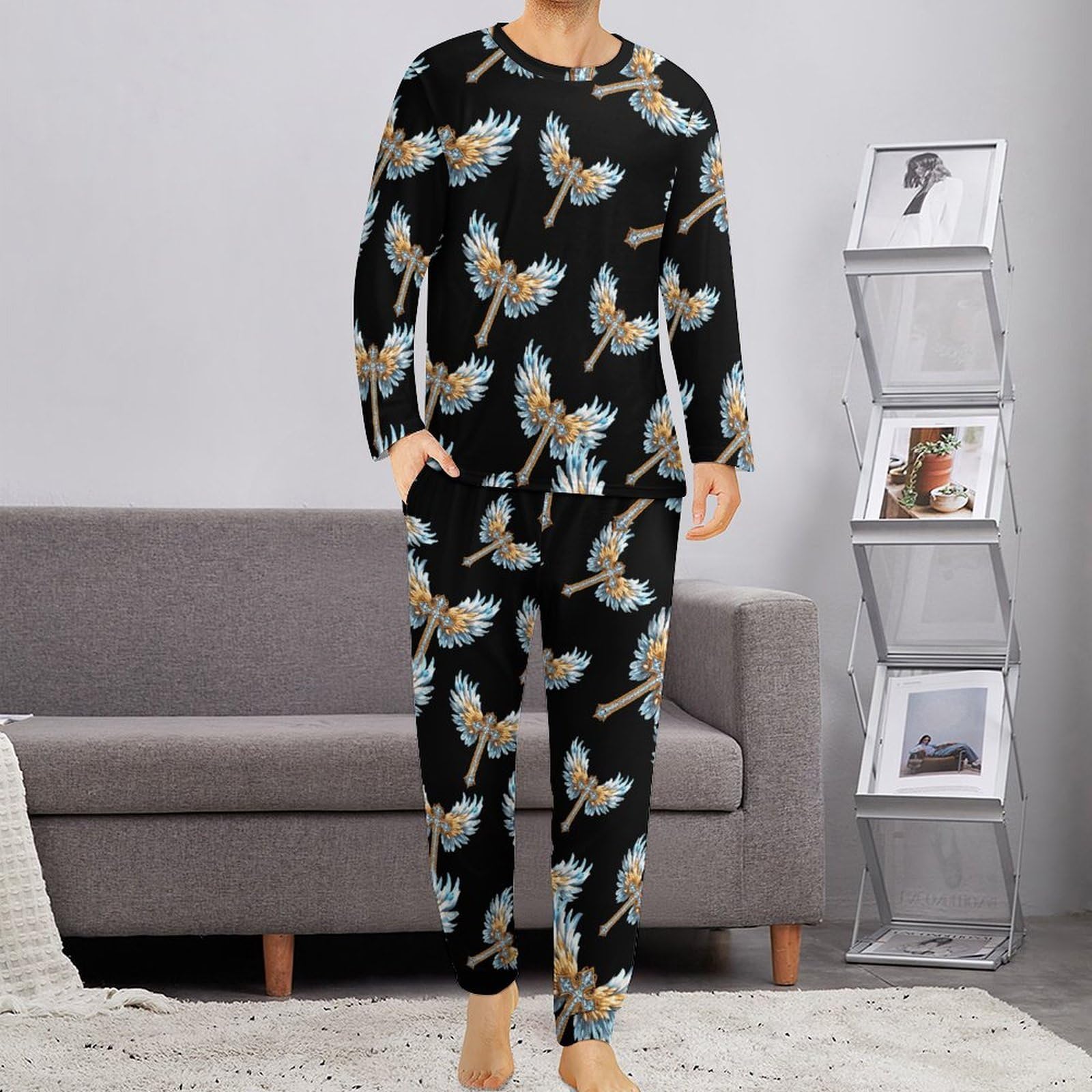 Diamond with Wings - Conjunto de pijama para hombre, cuello redondo, 2 piezas, manga larga, suave, transpirable para todas las estaciones