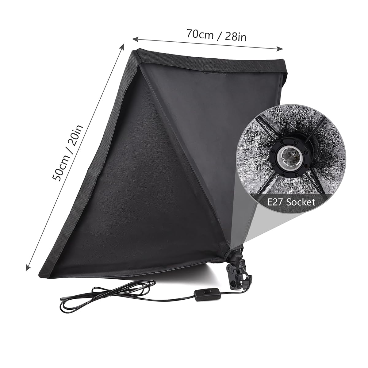 Softbox 50×70 cm z gniazdem E27 do fotografii | wielki z miękkim dyfuzorem, rotacja 210°, projekt do nagrywania wideo, w