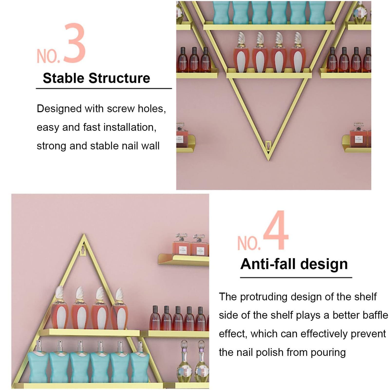 Set di 6 Porta Smalti Triangolari Dorati, Portaoggetti per Cosmetici, Supporto A Parete Multifunzionale per Salone, Negozio E Casa