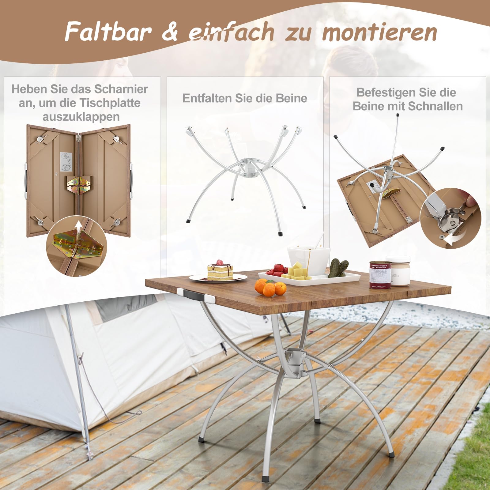 COSTWAY 2er Set Campingtisch klappbar, ausziehbarer Klapptisch mit Aluminiumgestell & Holzoptik, Falttisch mit Tragetasche, für Wandern, Picknick, Camping