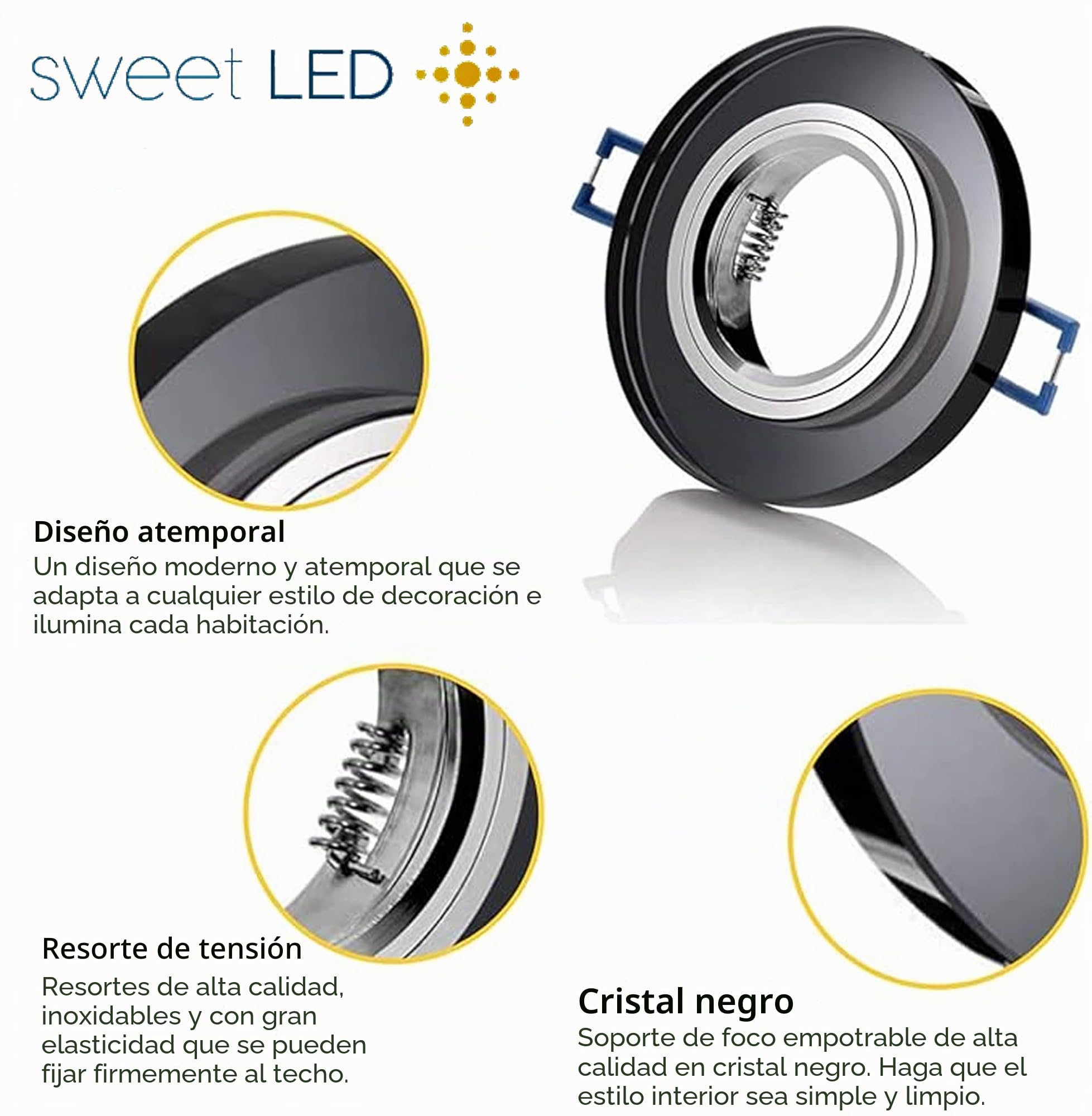 Sweet Led Juego de 12 focos empotrables de 230 V – GU10 de cristal negro, incluye portalámparas, marco de montaje, diámetro 68 mm, marco redondo para techo