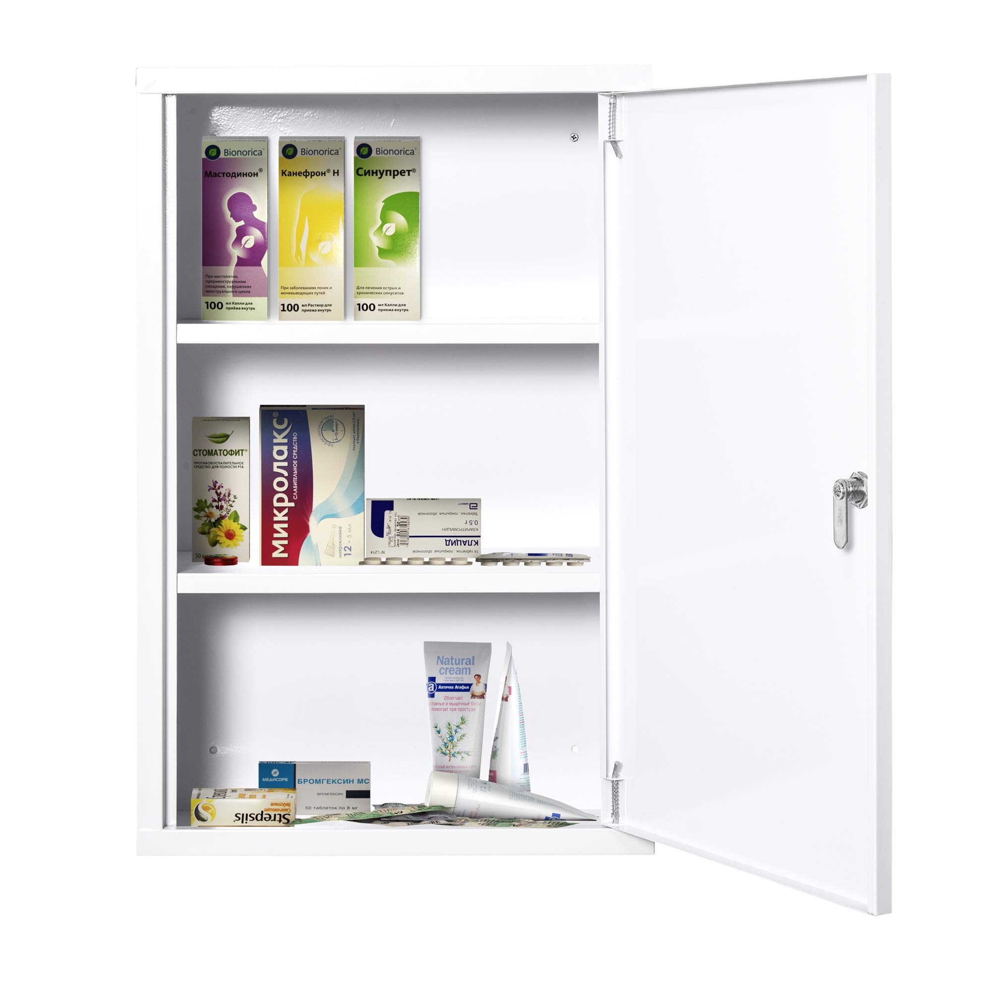 kleankin Medizinschrank Arzneischrank zur Medikamenten-Aufbewahrung, Abschließbar Medikamentenschrank Metall mit 3 Fächern Erste-Hilfe-Schrank, 40 x 18 x 60 cm, Weiß