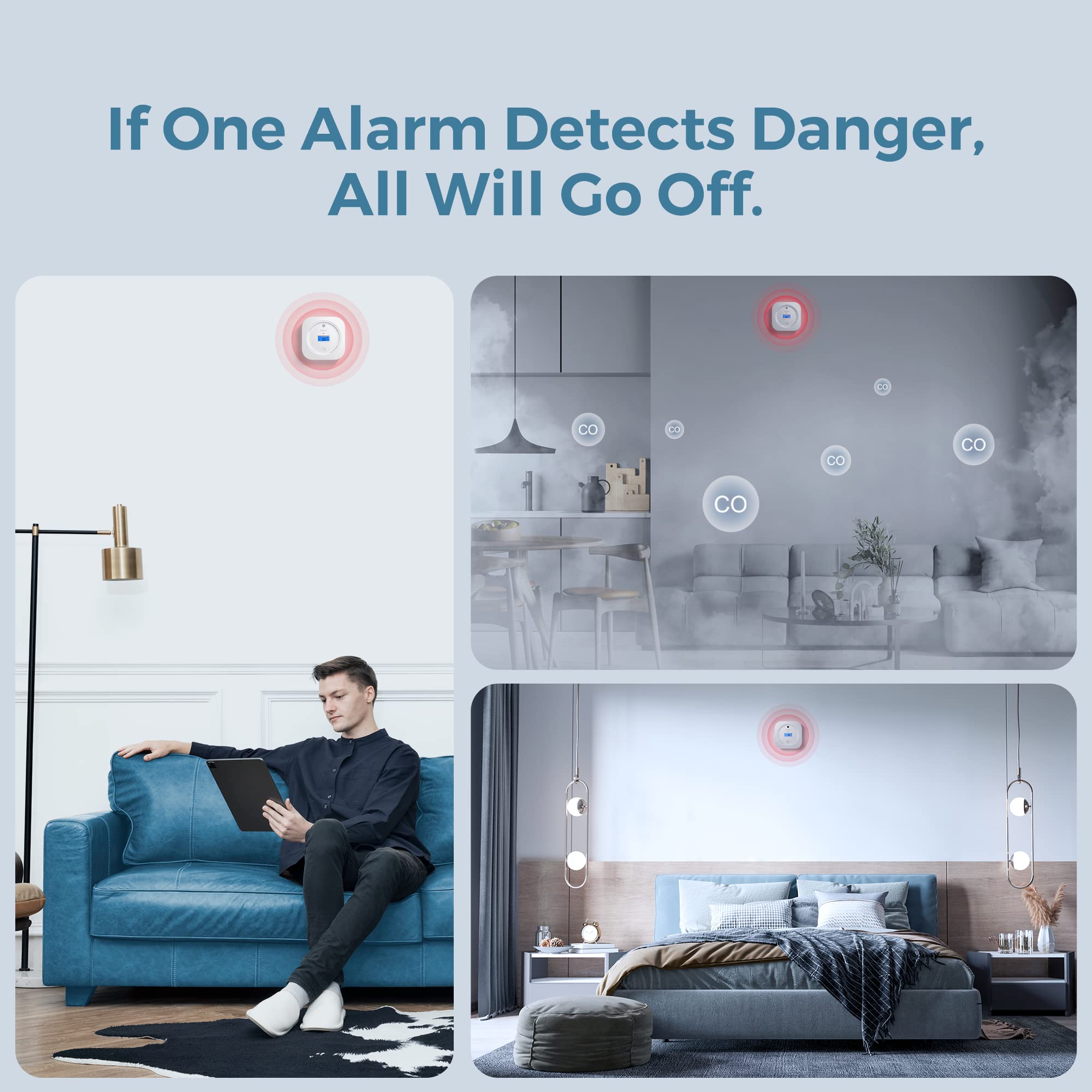 AEGISLINK Détecteur de Fumée et de Monoxyde de Carbone Interconnecté sans Fil, Alarme pour Fumée et CO avec Pile Remplaçable et Une portée de Transmission de Plus de 250 m, SC-RF200, Lot de 3
