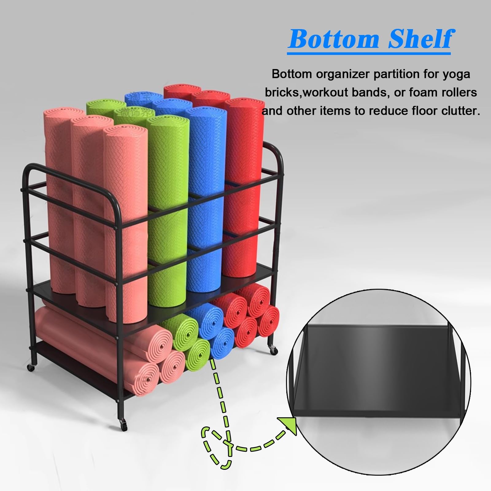 Soporte para Esterilla de Yoga, Carrito móvil con Ruedas para esterillas de Yoga, Organizador de Gimnasio en casa para Rodillos de Espuma y esterillas de Fitness, Estante de Gran Capacidad p