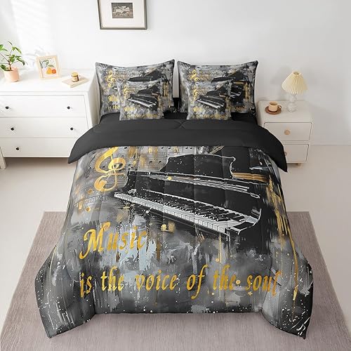 Miniatura 2 de Piano Music 7pcs Comforter King,Musical Notes Bedding Set Kids Girls Boys Teens Room Decor,Retro Graffiti Grey Gold Music Lover Bed in a