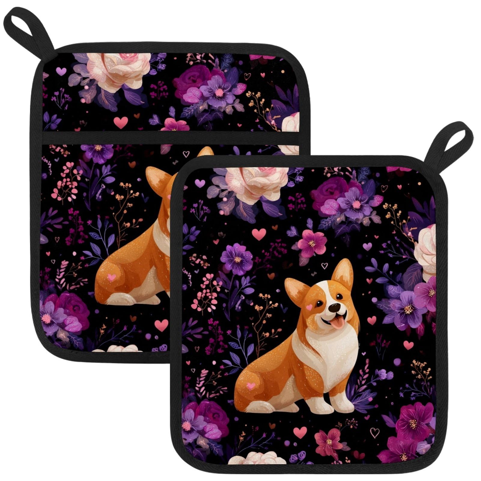VAPOKF Corgi Rose Heat Resistant Pot Holders, Thick Pot Holders Pad with Hanging Loop for Kitchen, Oven Cloth Pads for Kitchen Baking Microwave Oven