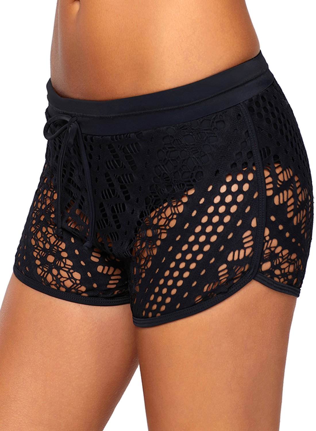 Women's Hollow Out Lace Overlay Swim Board Shorts Sports Bottom Black Large 12 14-image-39