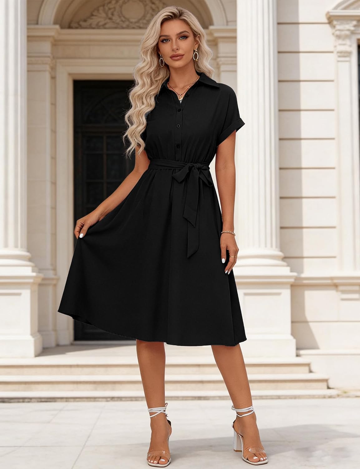 Womens Short Sleeve Casual Dress with Shirt Collar Solid Color Waist Tied A Line Button Design Dress - Image 3