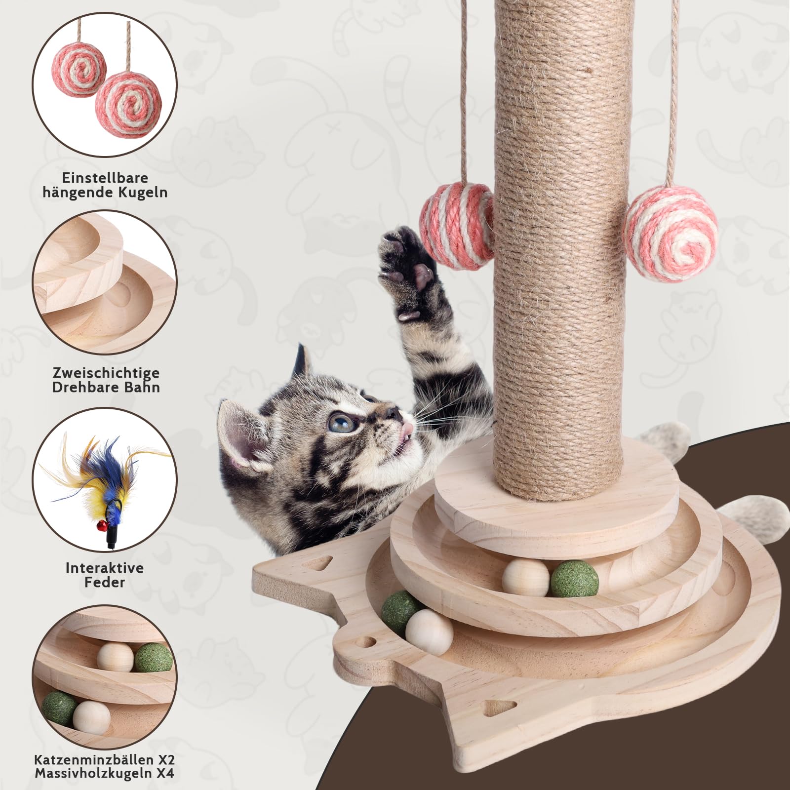 4 in 1 Interaktives Katzenspielzeug Selbstbeschäftigung, Katzenspielzeug Holz Sisalseil Kratzbaum mit Hängenden Kugeln, Intelligenz Katzen Spielzeug, Spielzeug Katze Intelligenz mit Frühling