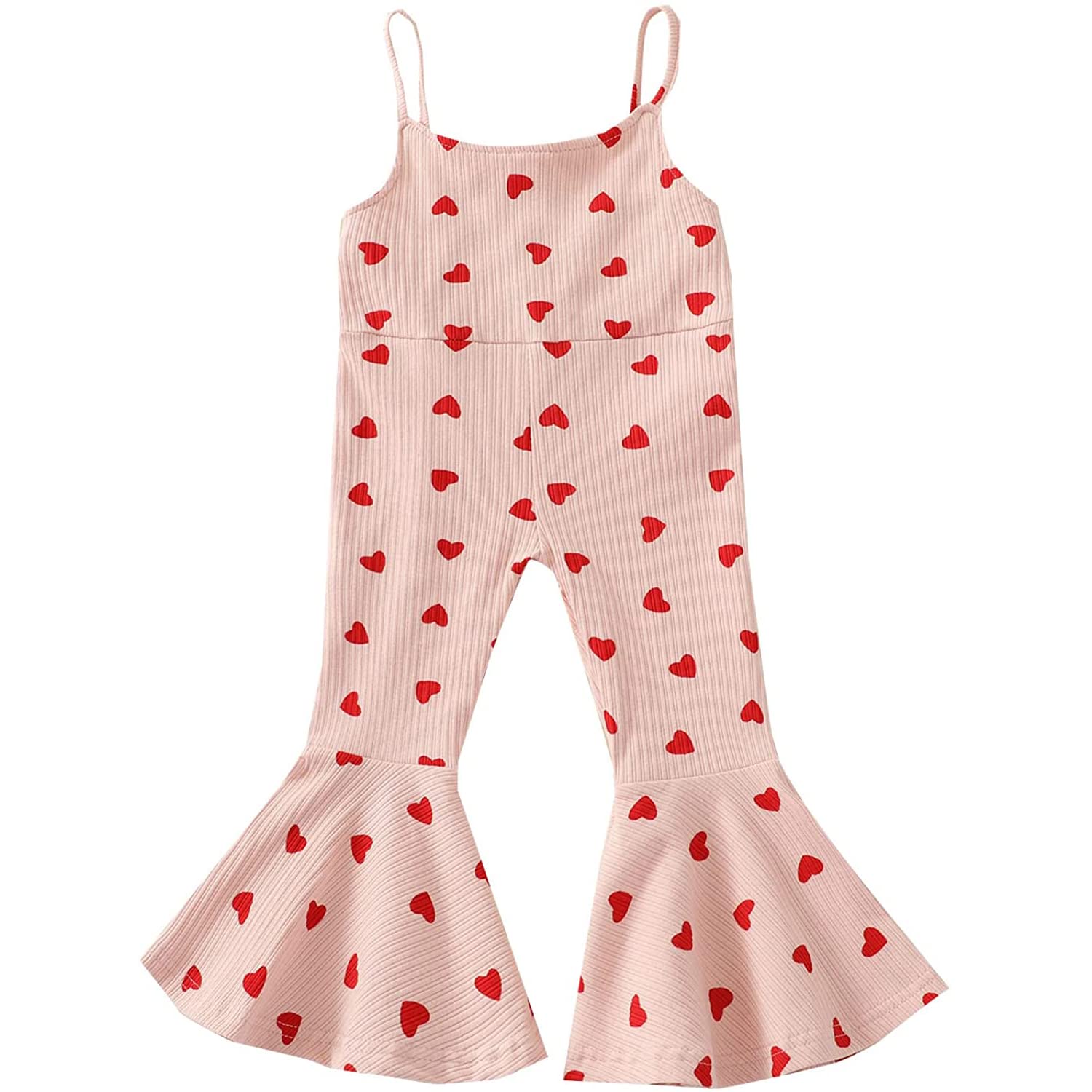Toddler Baby Girl Valentine's + Day One Piece Outfit Sleeveless Love Heart Print Ribbed Bell-Bottom Romper Jumpsuit (2-3T,Pink)