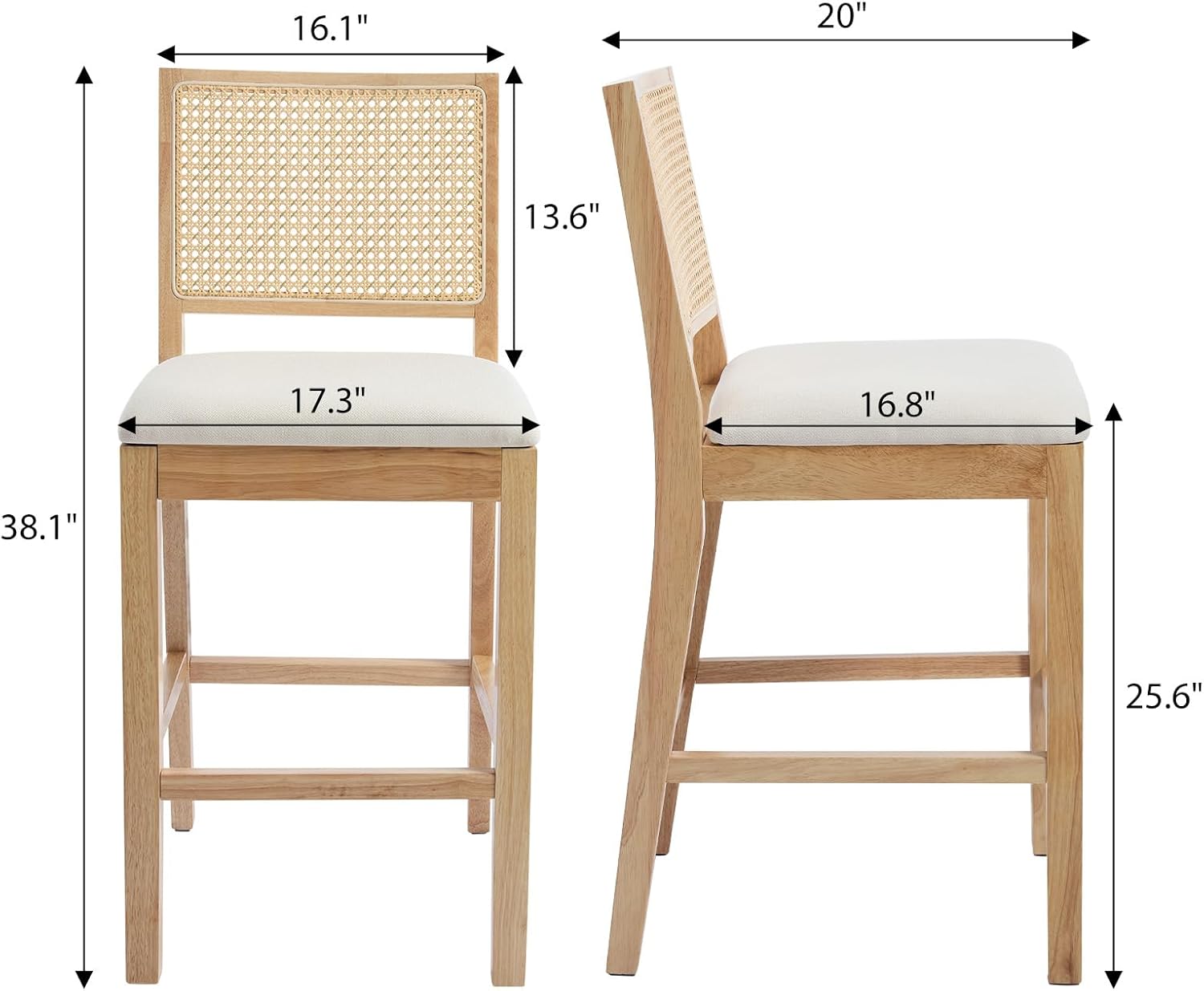 Rattan Counter Height Bar Stools Set of 4, 25.6'' Modern Counter Stools with Cane Back, Mid Century Bar Chairs for Kitchen Counter/Home Bar/Restaurant, Cream