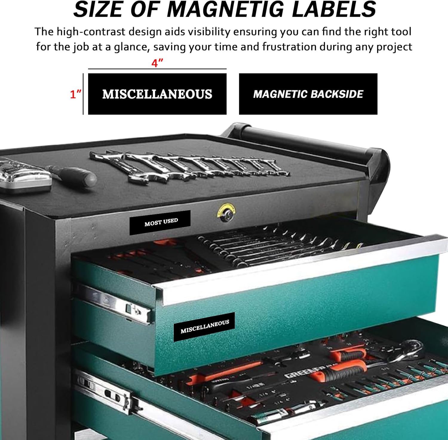 Magnetic Toolbox Organization Labels, 84 Magnetic Tool Chest Stickers, Tool Accessories for Tool Box Drawers, Fits All Brands of Steel Tool Chest Organizer-4 x 1 Inches