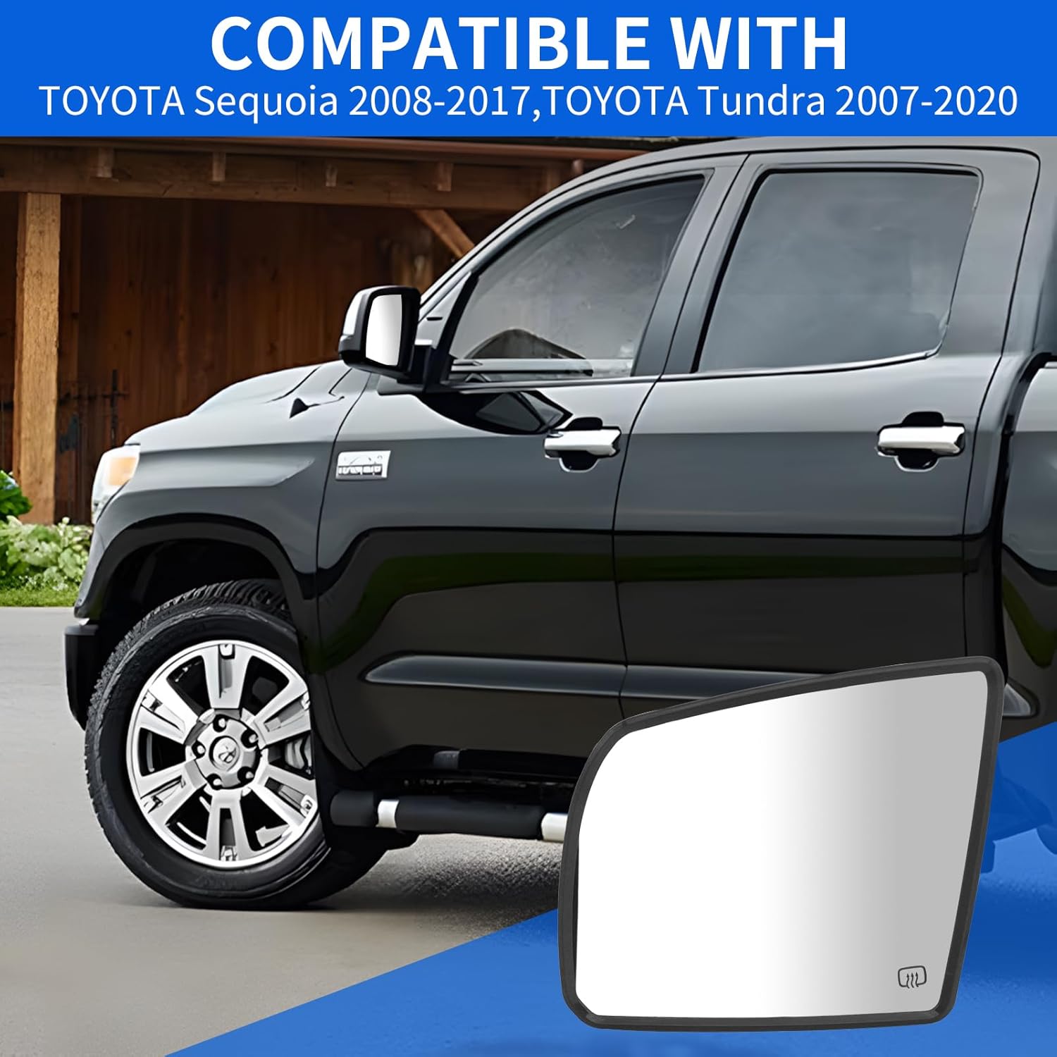 JINCHEN Driver Side Mirror Glass Compatible with 2008-2017 Toyota Sequoia 2007-2020 Toyota Tundra, Heated Mirror Glass with Backing Plat 879060C030