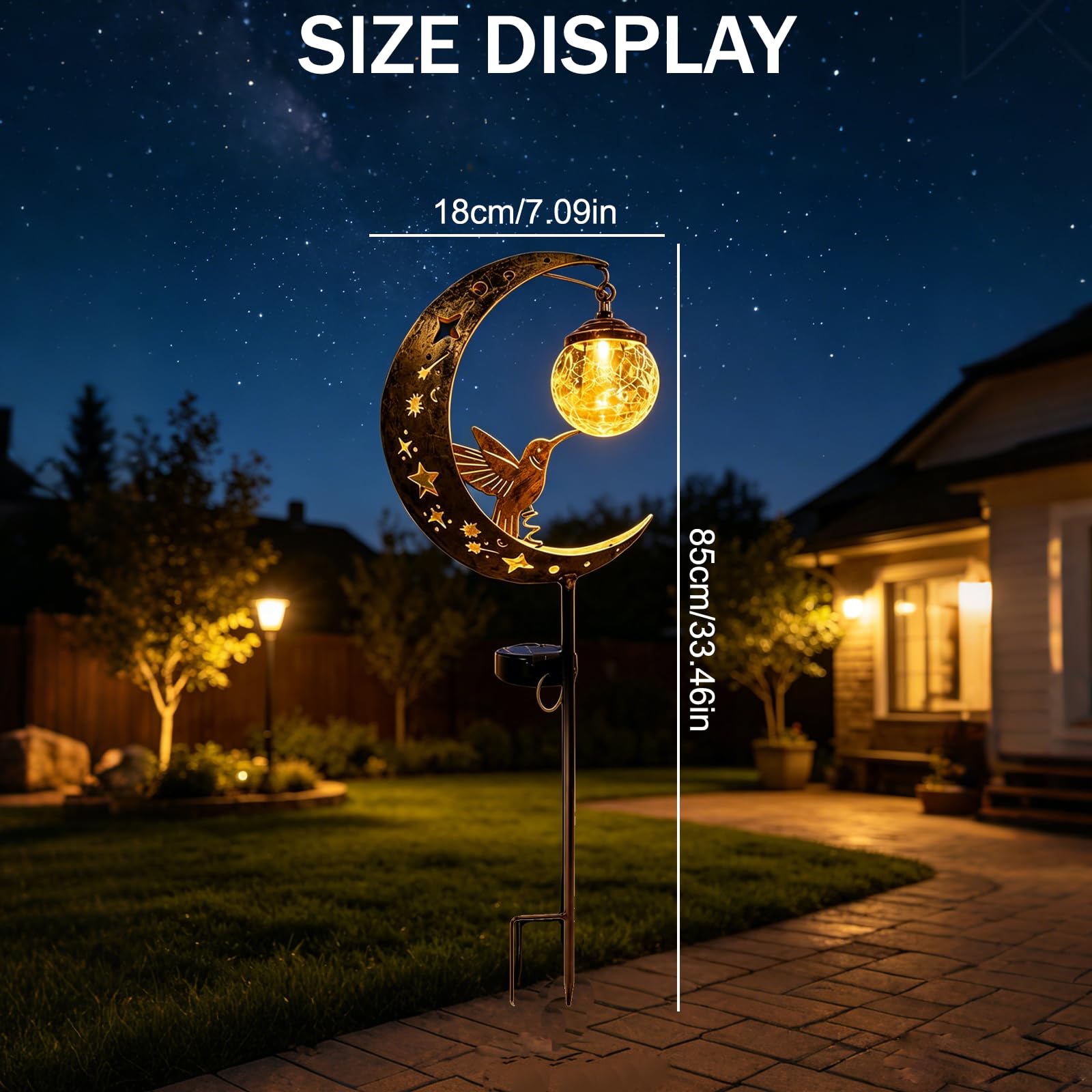 Solarlampen für Außen, Gartendeko für Draußen, Wetterfest Mond Solar Lichter mit Kolibri und Glaskugel, Schäferhaken für Braußen Gehwege Hof Terrasse Garten deko (3 Stück)
