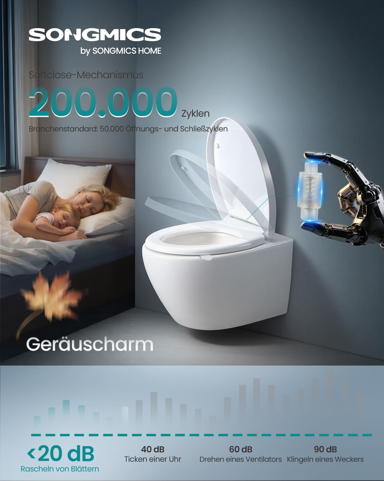 SONGMICS Toilettendeckel O-Form, WC-Sitz mit Absenkautomatik, Griff, Toilettensitz schnell abnehmbar, Klodeckel einfache Montage, WC-Deckel Urea-Duroplast, bis 300 kg belastbar, weiß BTL101WZ01