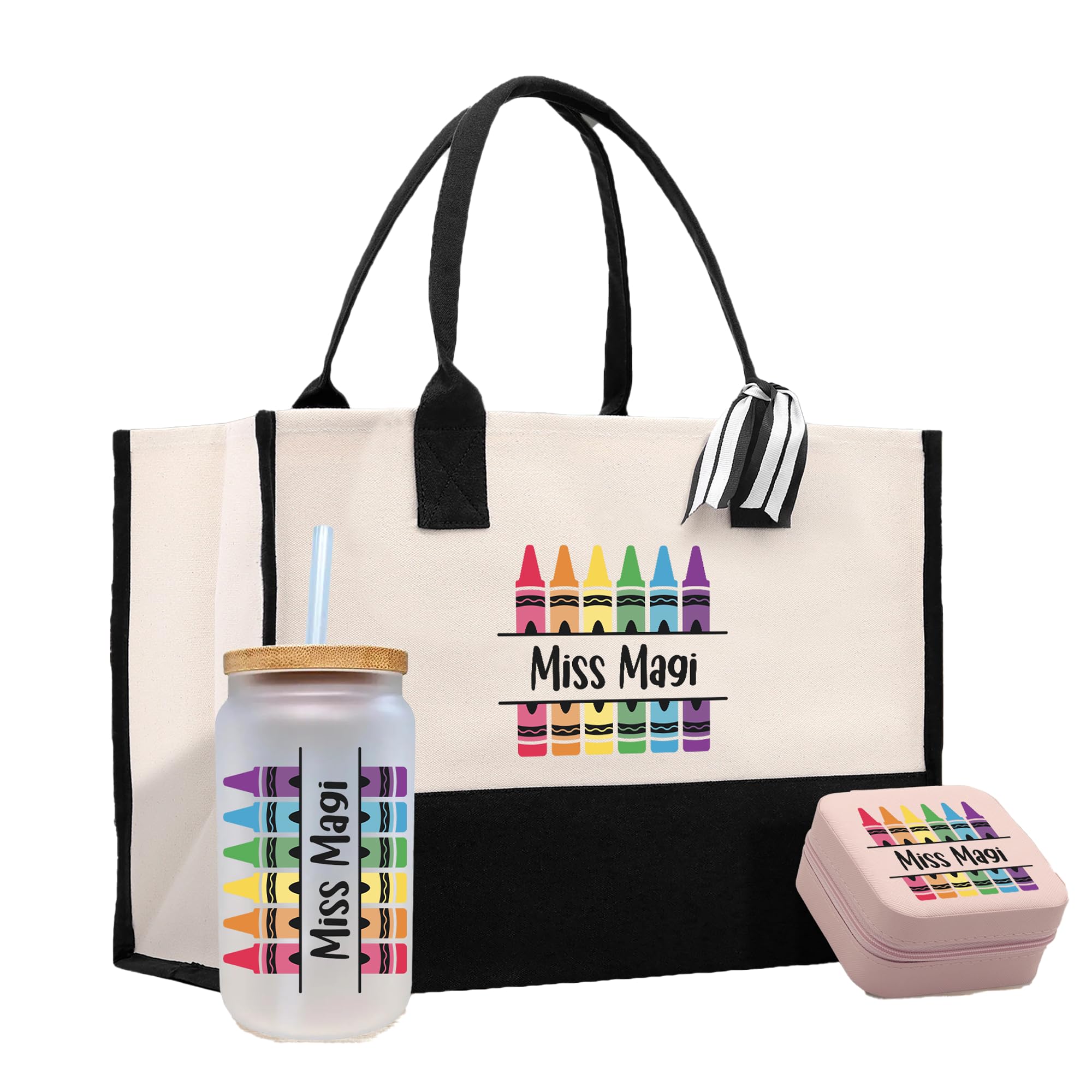 VANESSA ROSELLA Personalized Teacher Tote Bag – Custom Cotton Canvas Teacher Gift with Name, Teacher Appreciation Gift for Women - Can Glass, Jewelry