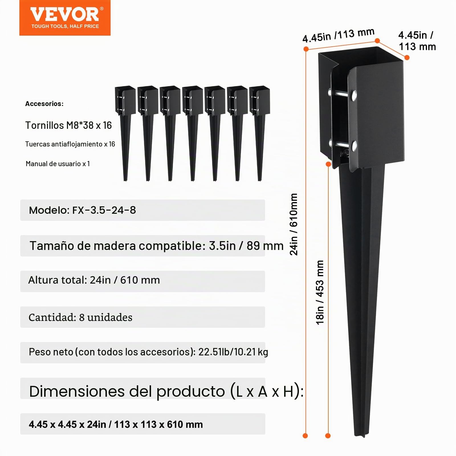 VEVOR Estaca de anclaje para poste de valla, paquete de 8, 24 x 4 x 4 pulgadas de diámetro exterior (diámetro interior 3,5 x 3,5 pulgadas), estaca de poste con recubrimiento de polvo negro de metal, p