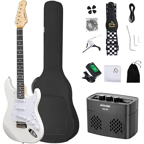 Electric Guitar with Amp Beginner Kit 39 Inch Solid Body Full Size,All Accessories,Digital Tuner,Six Strings,Four Picks,Tremolo Bar,Strap,Gig Bag,Starter kit (SSS-white)