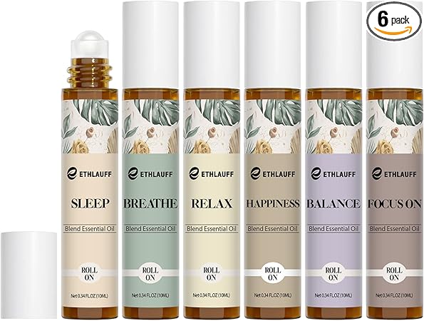 Essential Oils Roll On Set 6 Pack - (Relax, Sleep, Balance,Breathe, Focus on, Happiness) Aromatherapy Oil with Roller Ball, Essential Oils Blends for Skin - Relaxation Gift for Women and Men