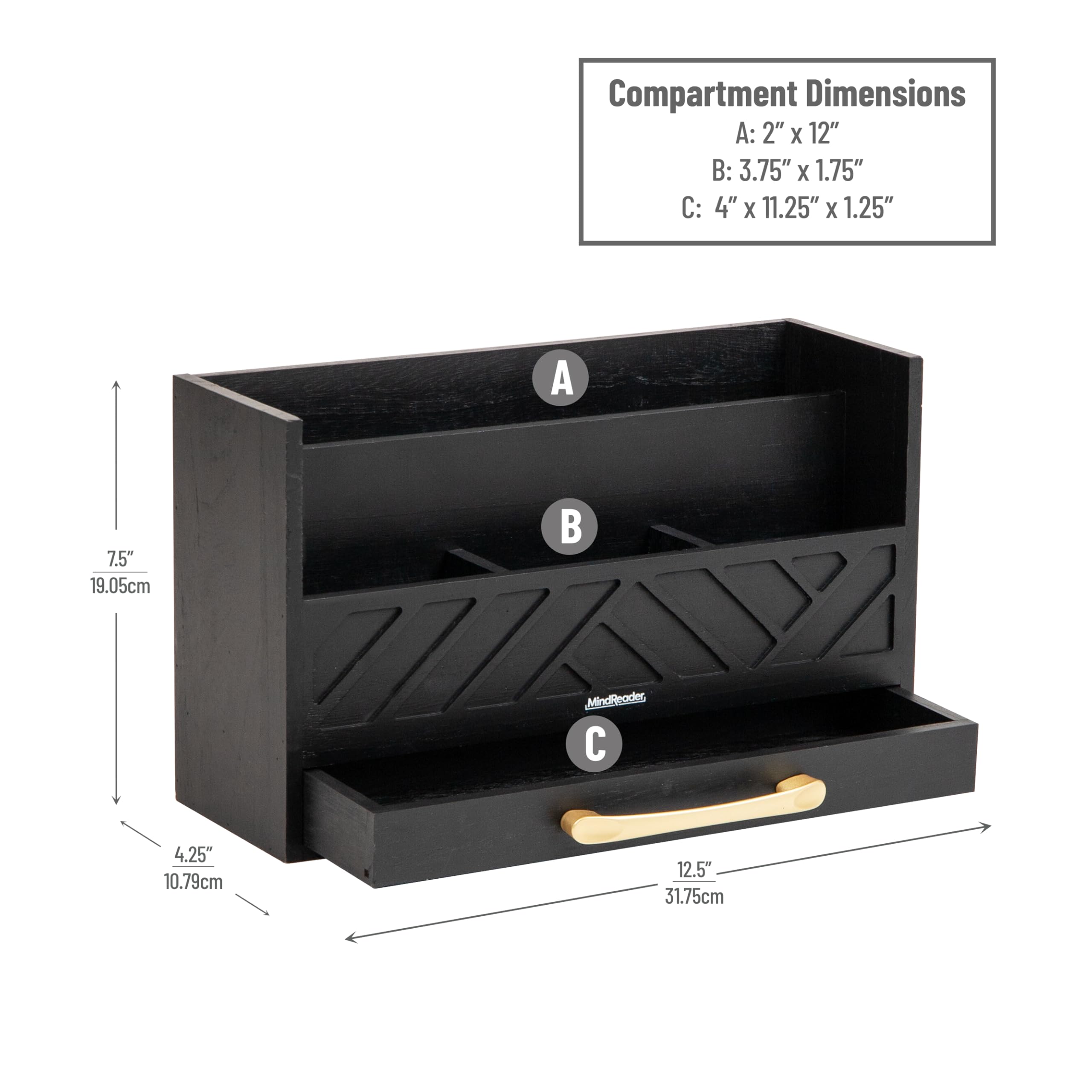 Mind Reader Schreibtisch-Organizer mit 5 Fächern, rustikales Holzregal mit Schublade für Papiere, Zubehör und Bürobedarf, 31,8 cm L x 10,8 cm B x 19,1 cm H, Schwarz